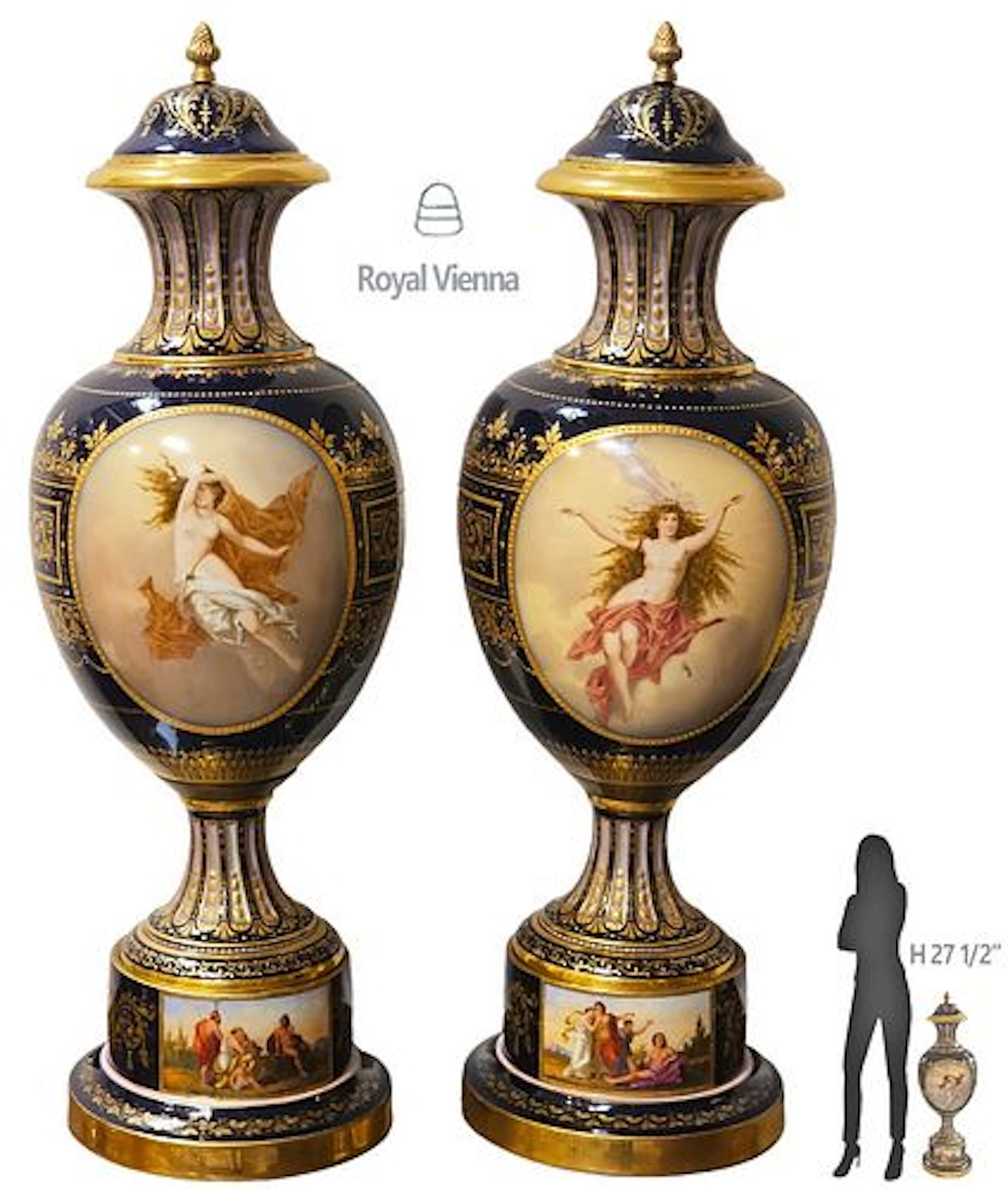 Pair Of Large 19th C. Royal Vienna Vases / Urns