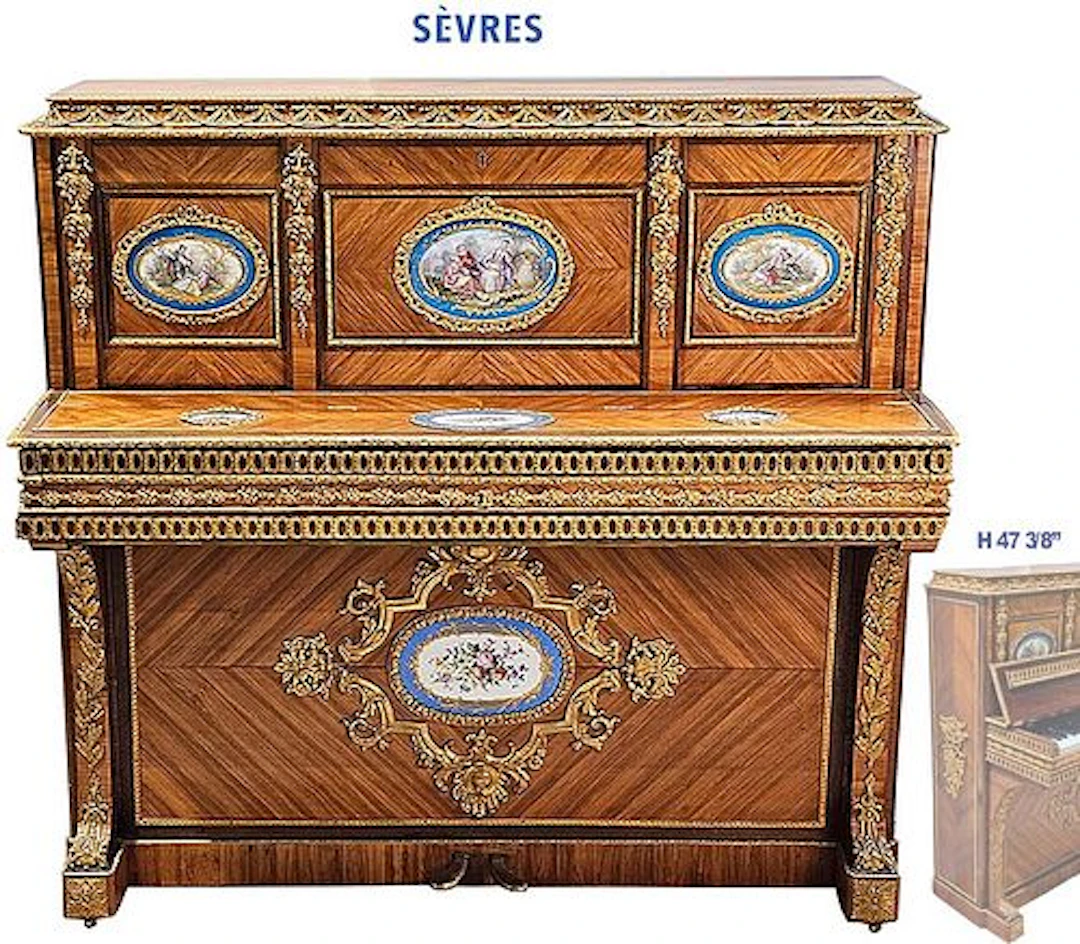 19th C. French Sevres Plaques & Bronze Mounted Upright Piano By Henri Herz