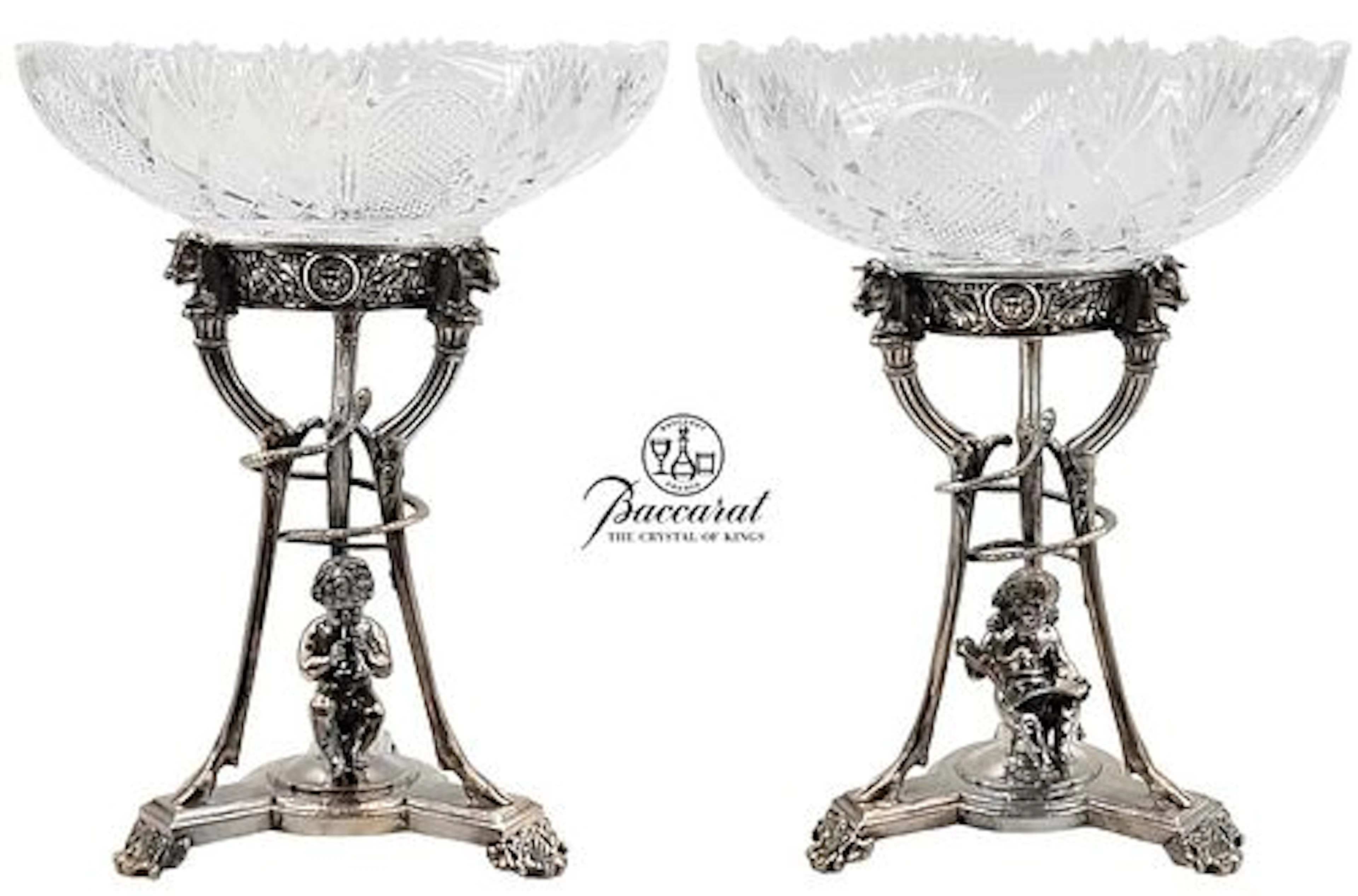 Pair Of 19th C. Empire Style Silver Plated With Baccarat Crystal Bowl