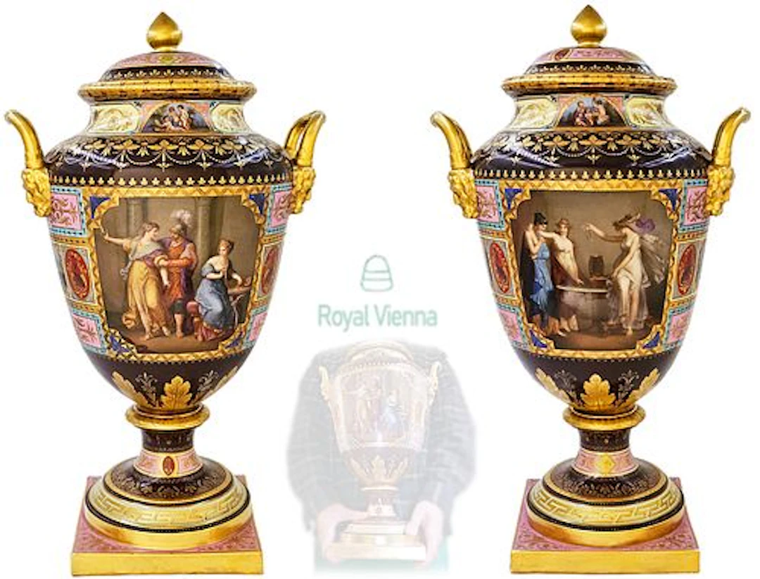 Large Pair Of 19th C. Figural Royal Vienna Hand Painted Vases
