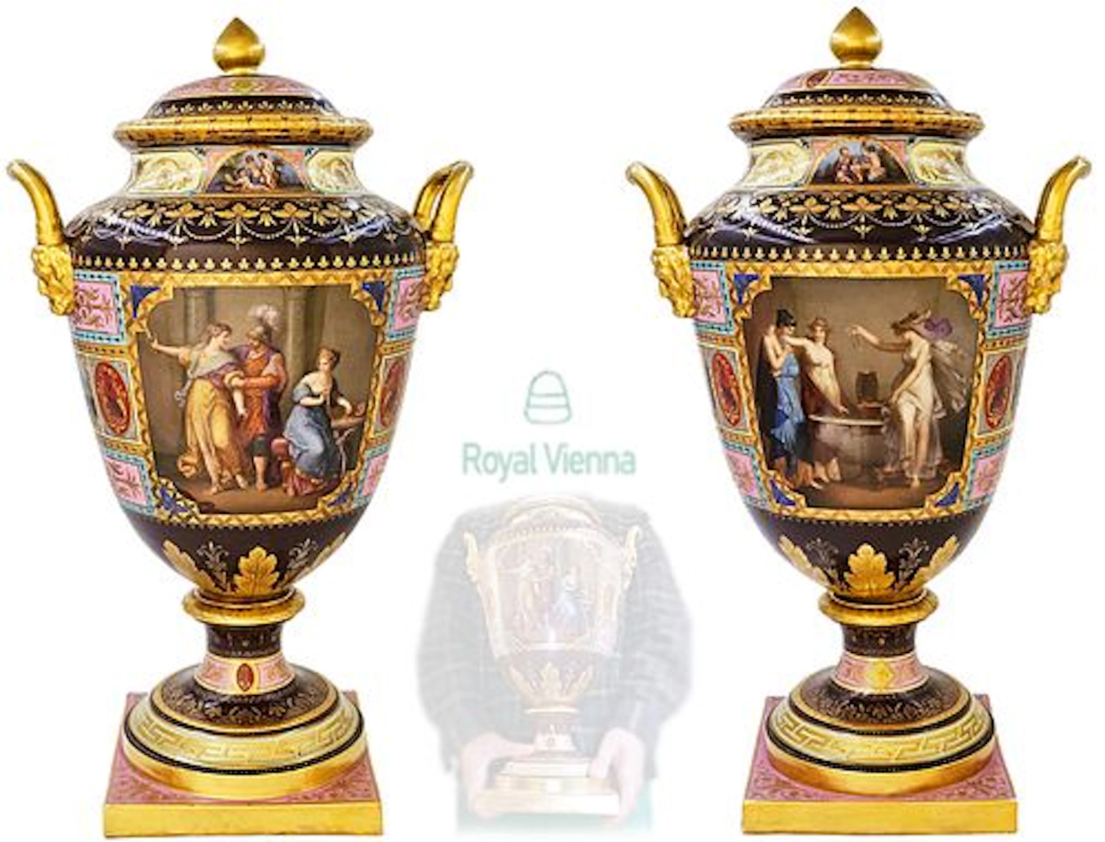 Large Pair Of 19th C. Figural Royal Vienna Hand Painted Vases