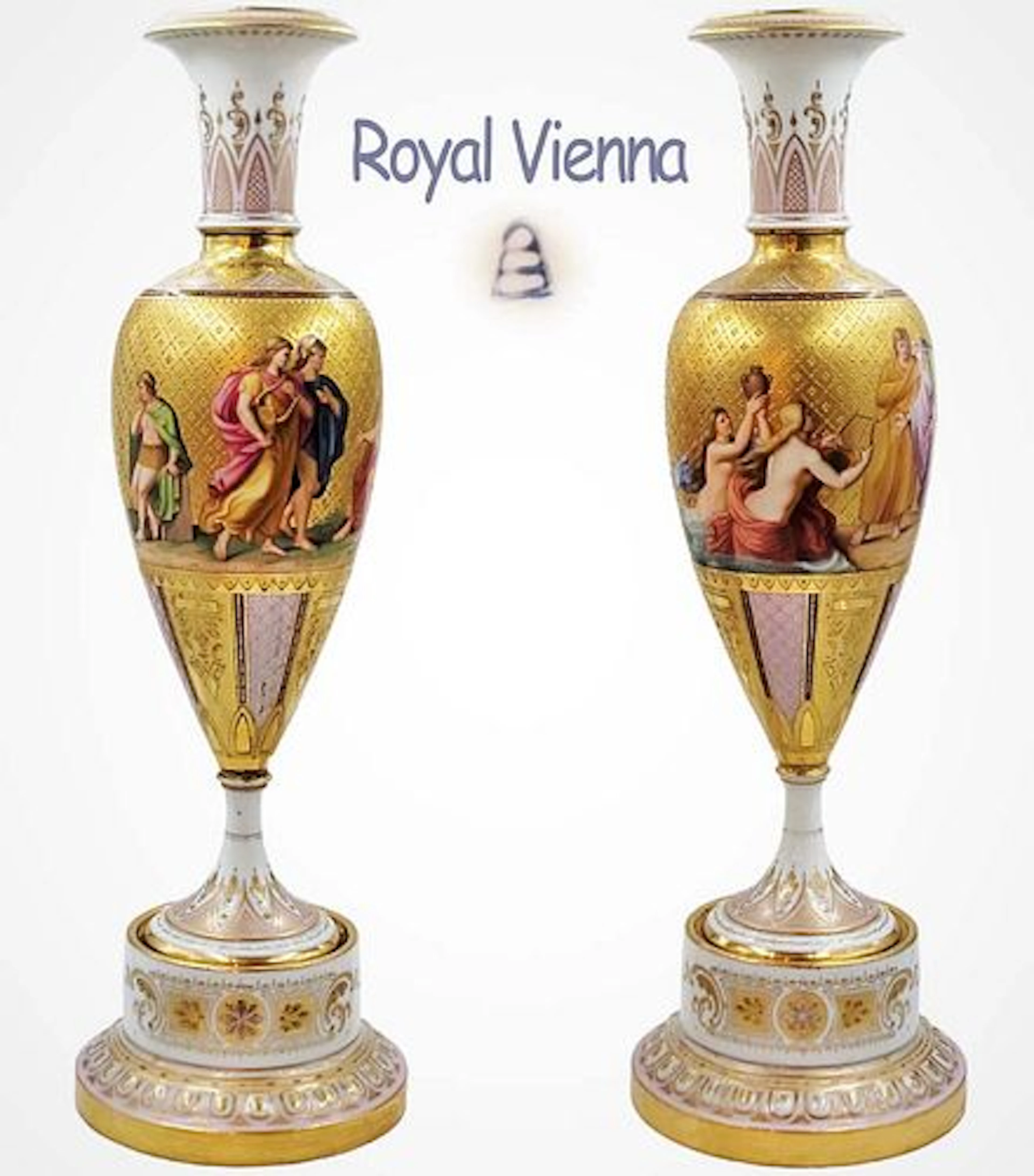 Pair Of 19th C. Royal Vienna Hand Painted Vases \ Urns