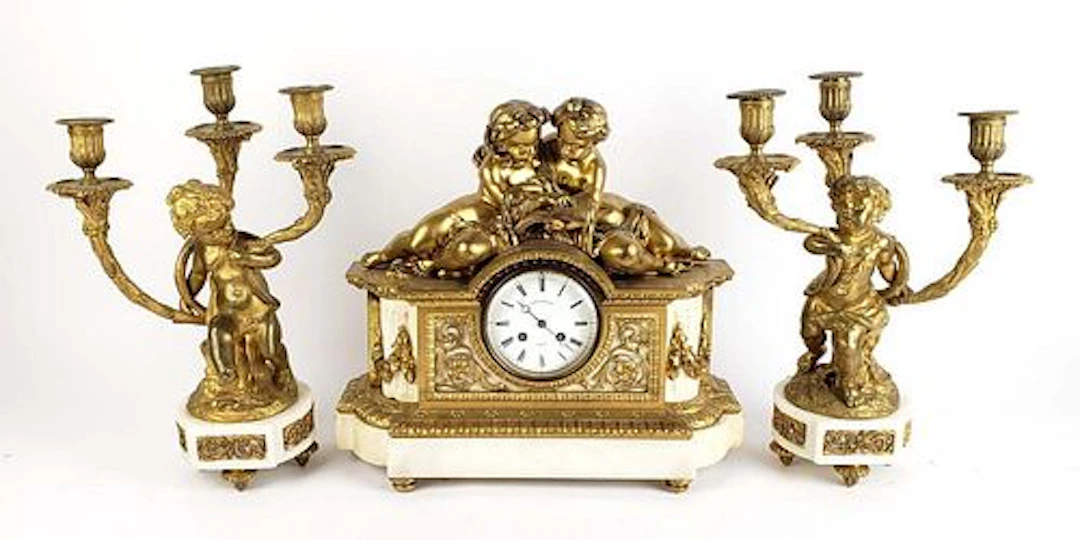 A 19th C. Tiffany & Co. Gilt Bronze & Marble Figural Clockset