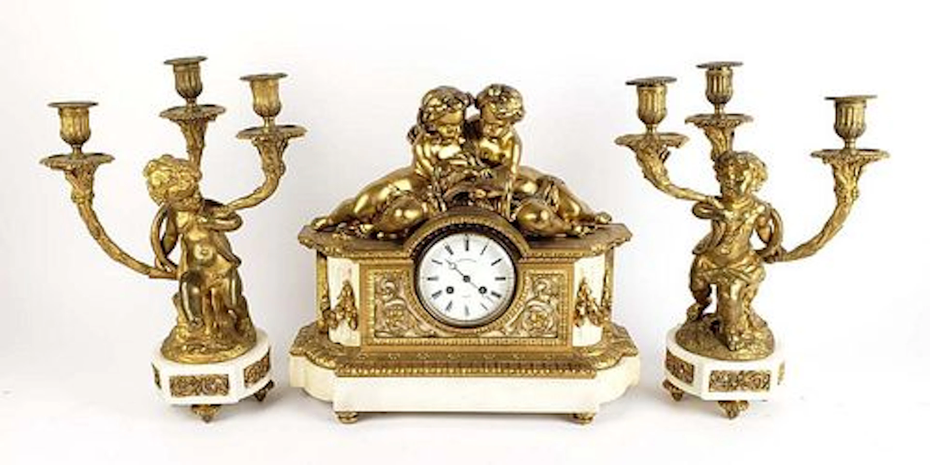 A 19th C. Tiffany & Co. Gilt Bronze & Marble Figural Clockset