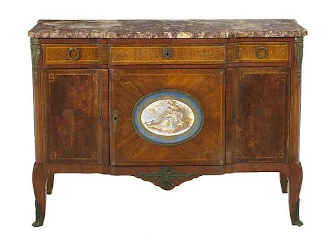 Late 19th C. Louis XVI Style Ormolu mounted Marble top Commode