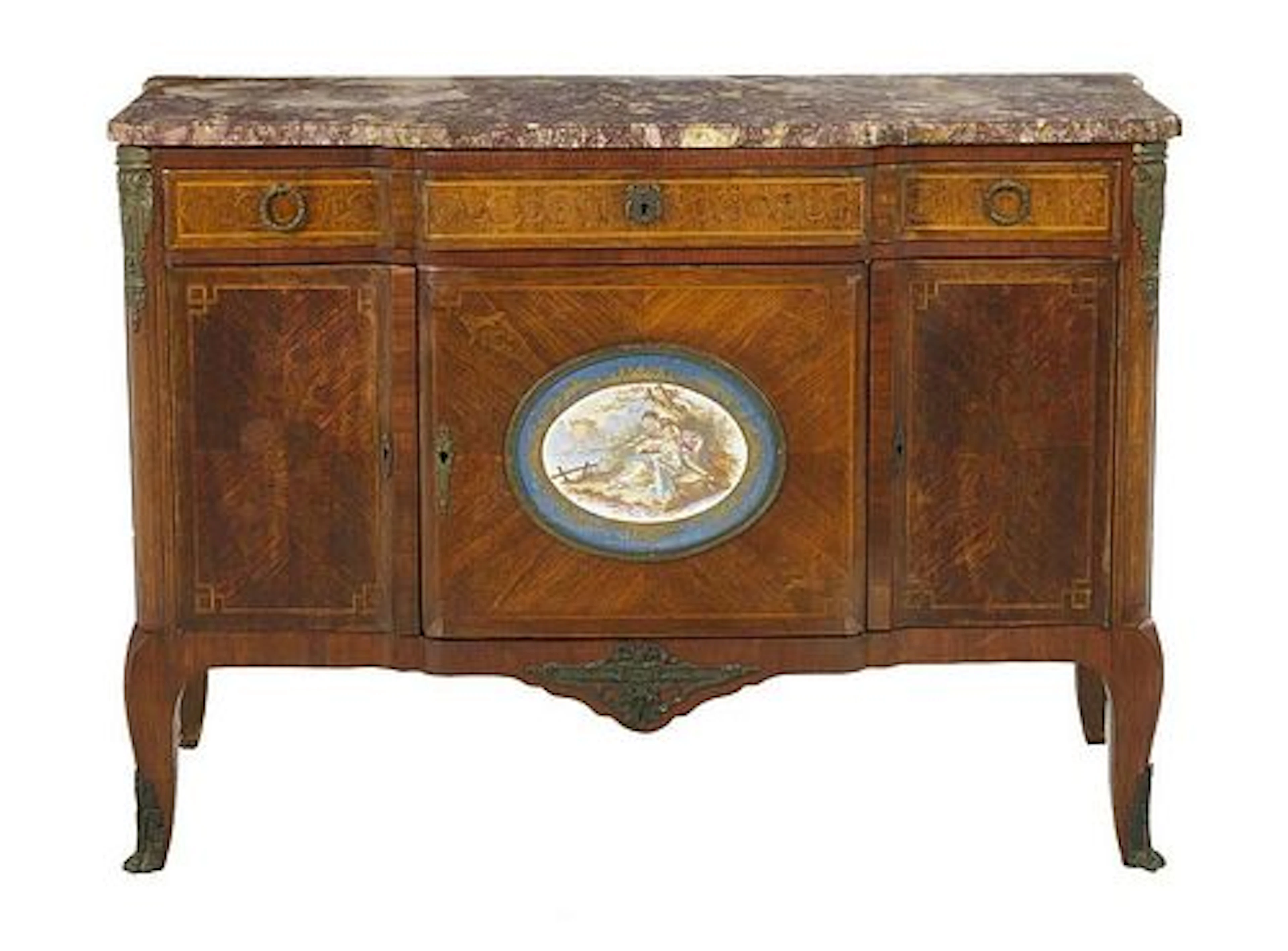 Late 19th C. Louis XVI Style Ormolu mounted Marble top Commode