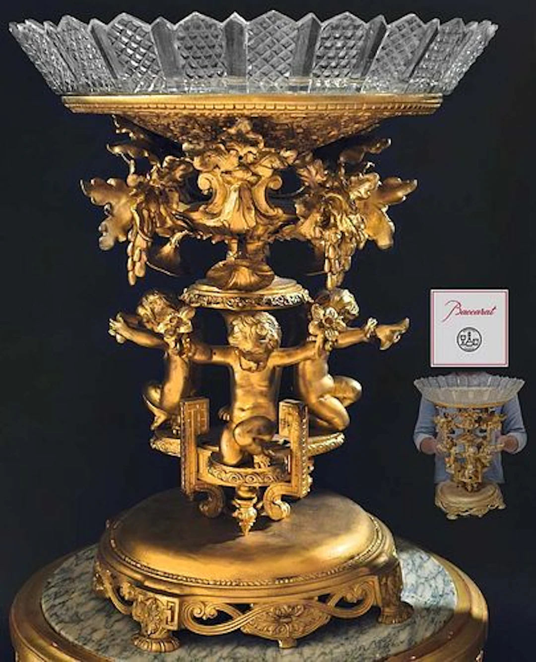 19th C. Large French Figural Bronze Centerpiece With Baccarat Crystal
