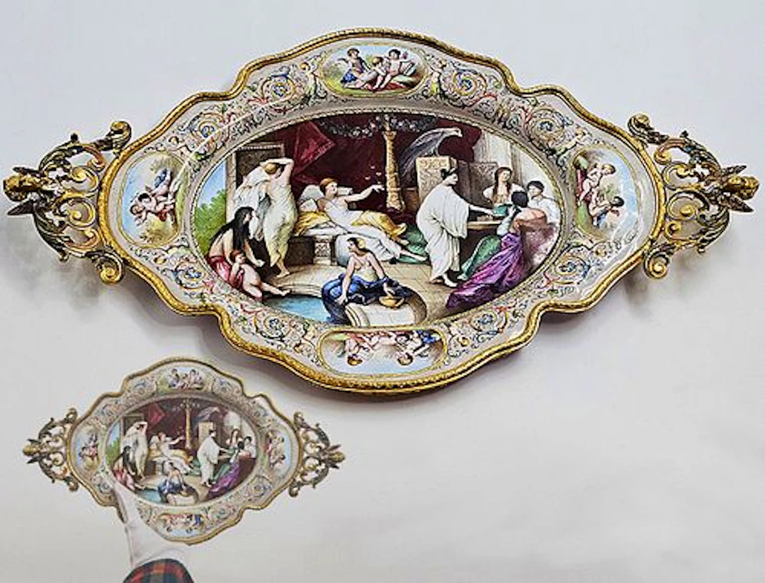Large 19th C. Viennese Enamel Tray On Silver