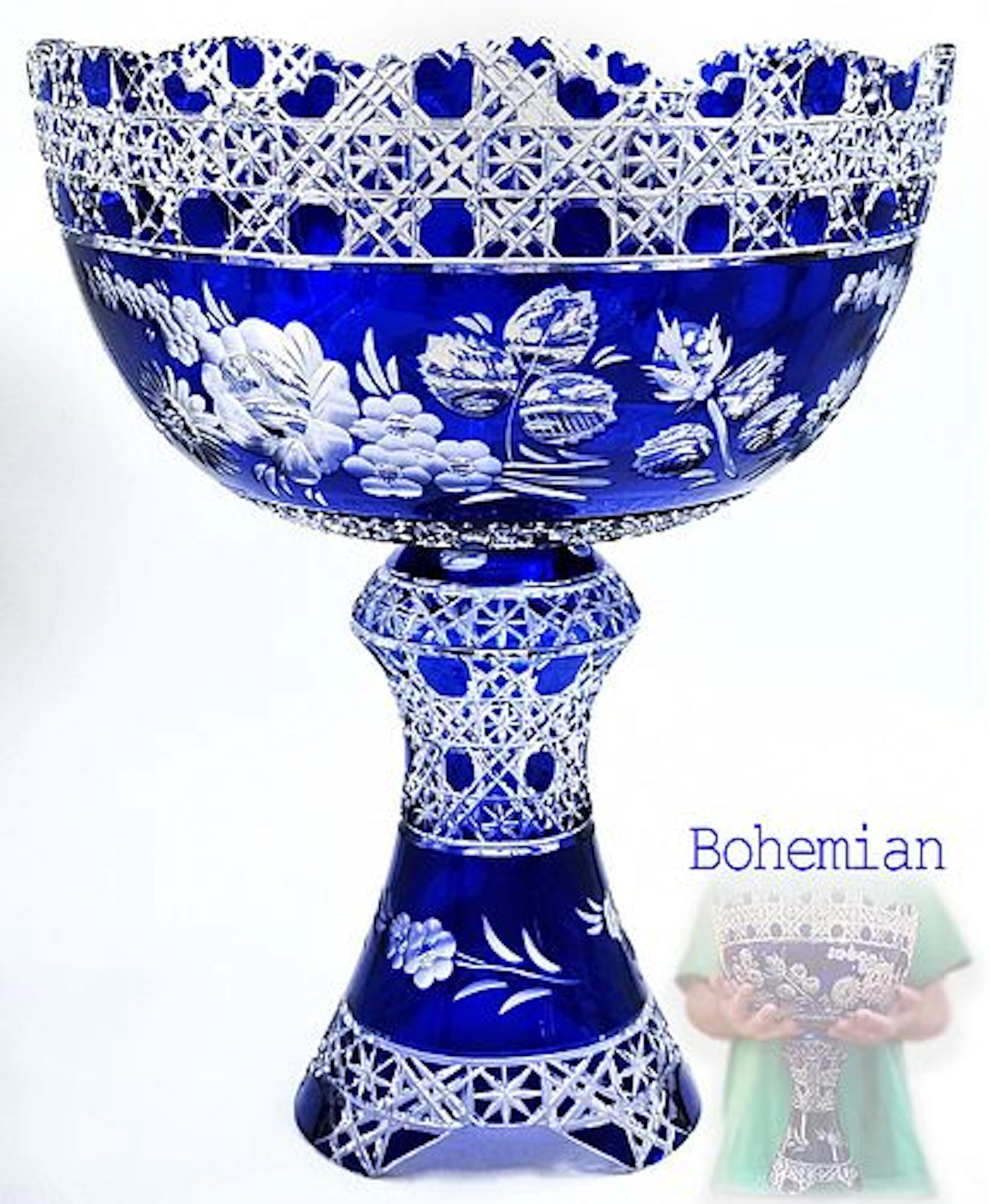 Antique Large Bohemian Cobalt Blue Cut Crystal Large Footed Centerpiece