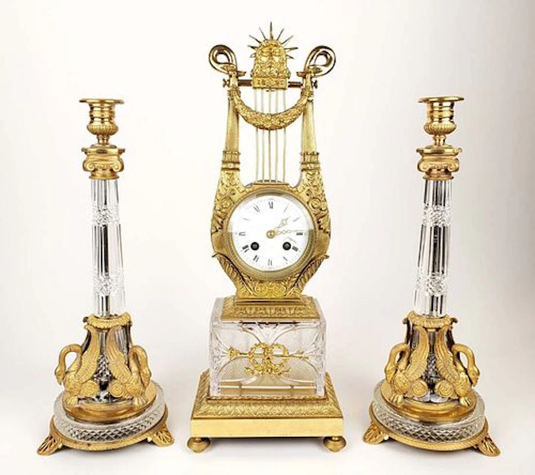19th C. Empire Gilt Bronze & Crystal Clockset