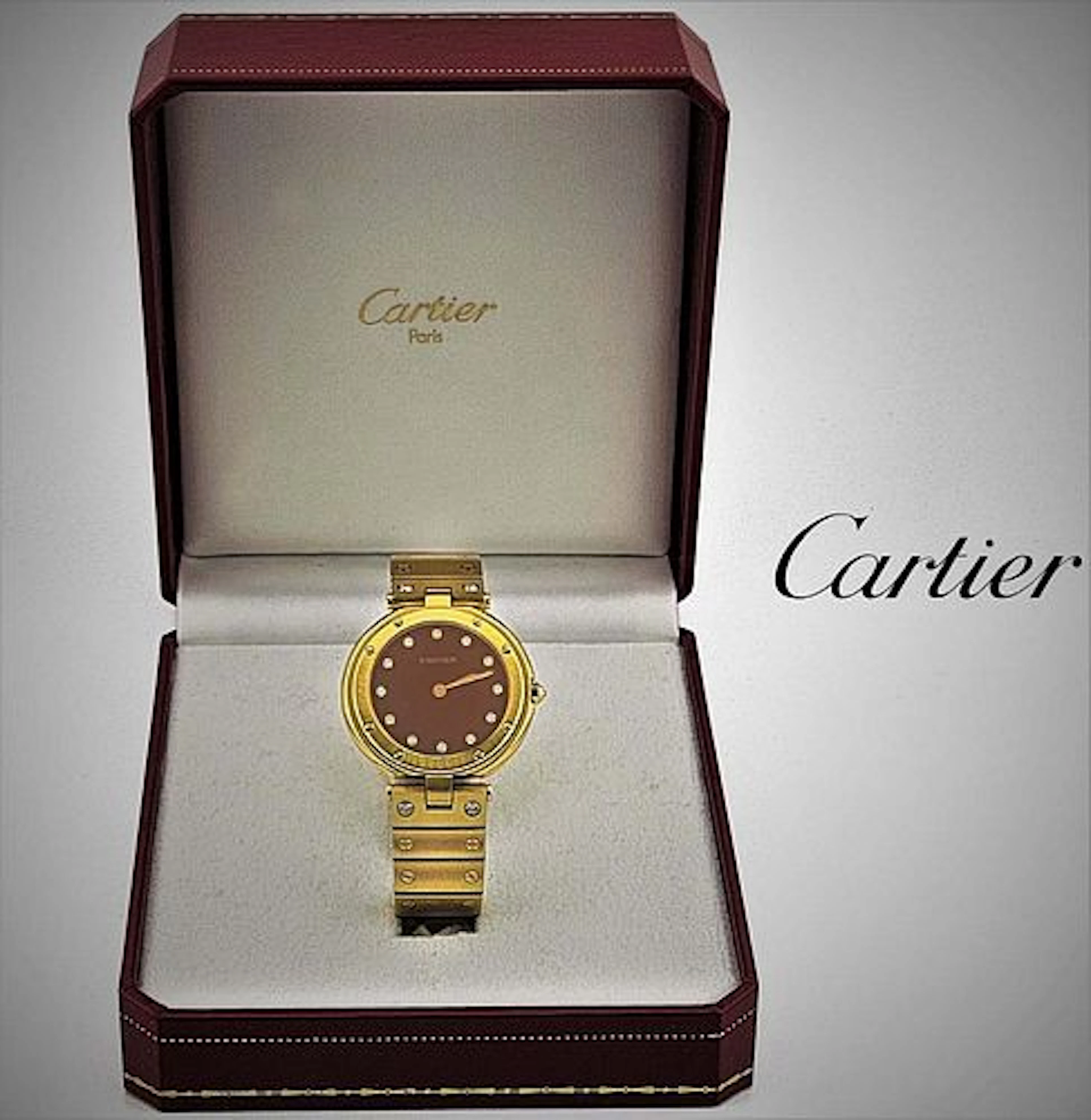 Rare Cartier Santos 18k Yellow Gold Factory Burgundy Diamond Dial