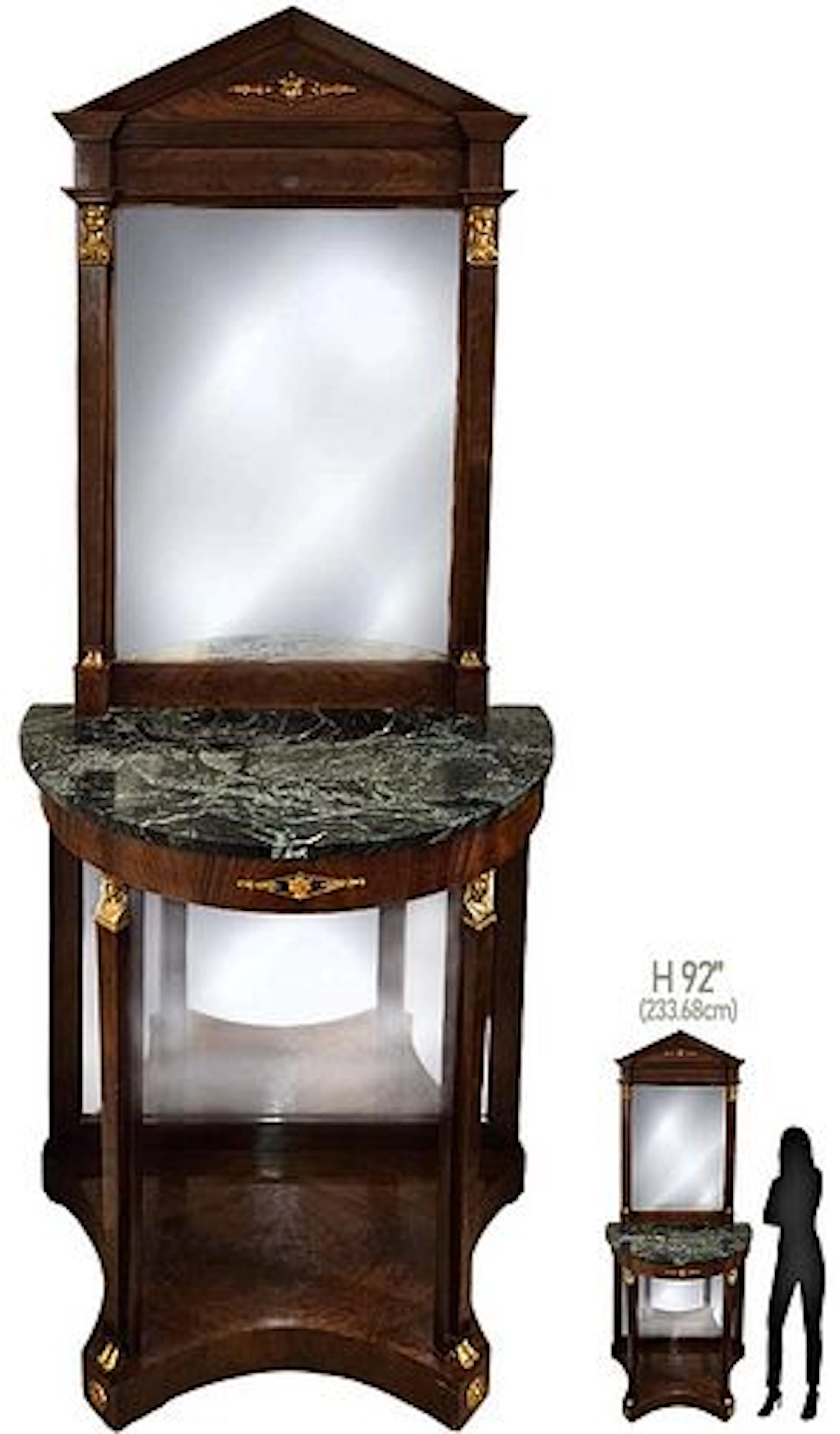 19th C. French Empire Style Bronze, Marble Top Console Mirror