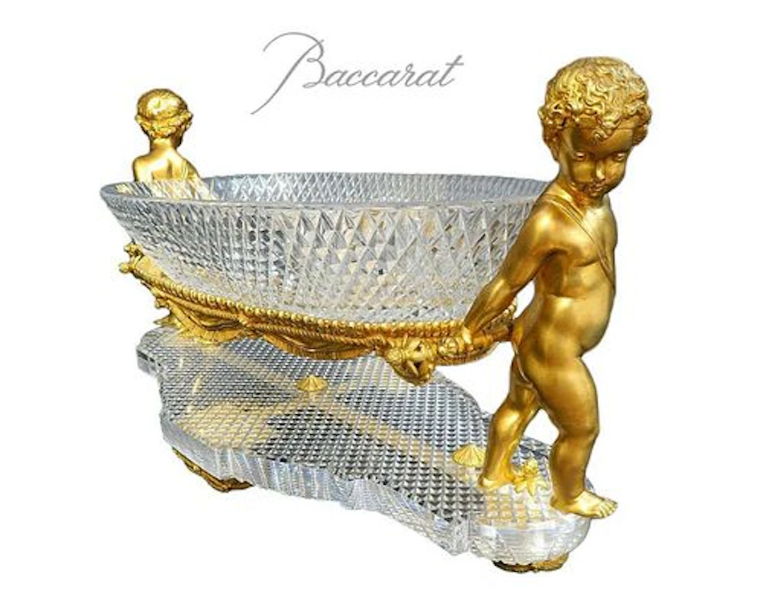 19th C. French Figural Bronze & Crystal Baccarat Centerpiece