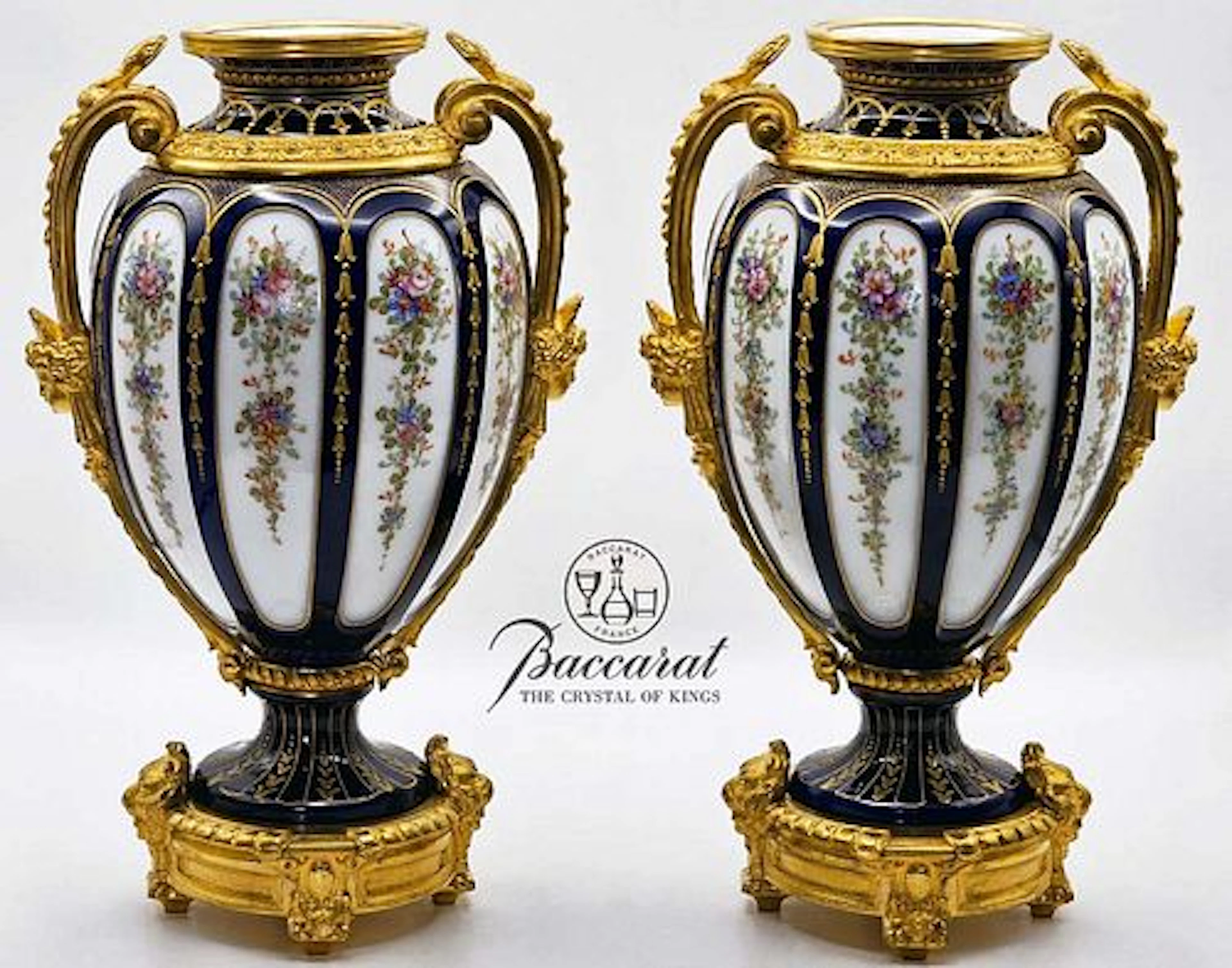 Pair Of 19th Century Baccarat Opaline Figural Bronze Mounted Vases