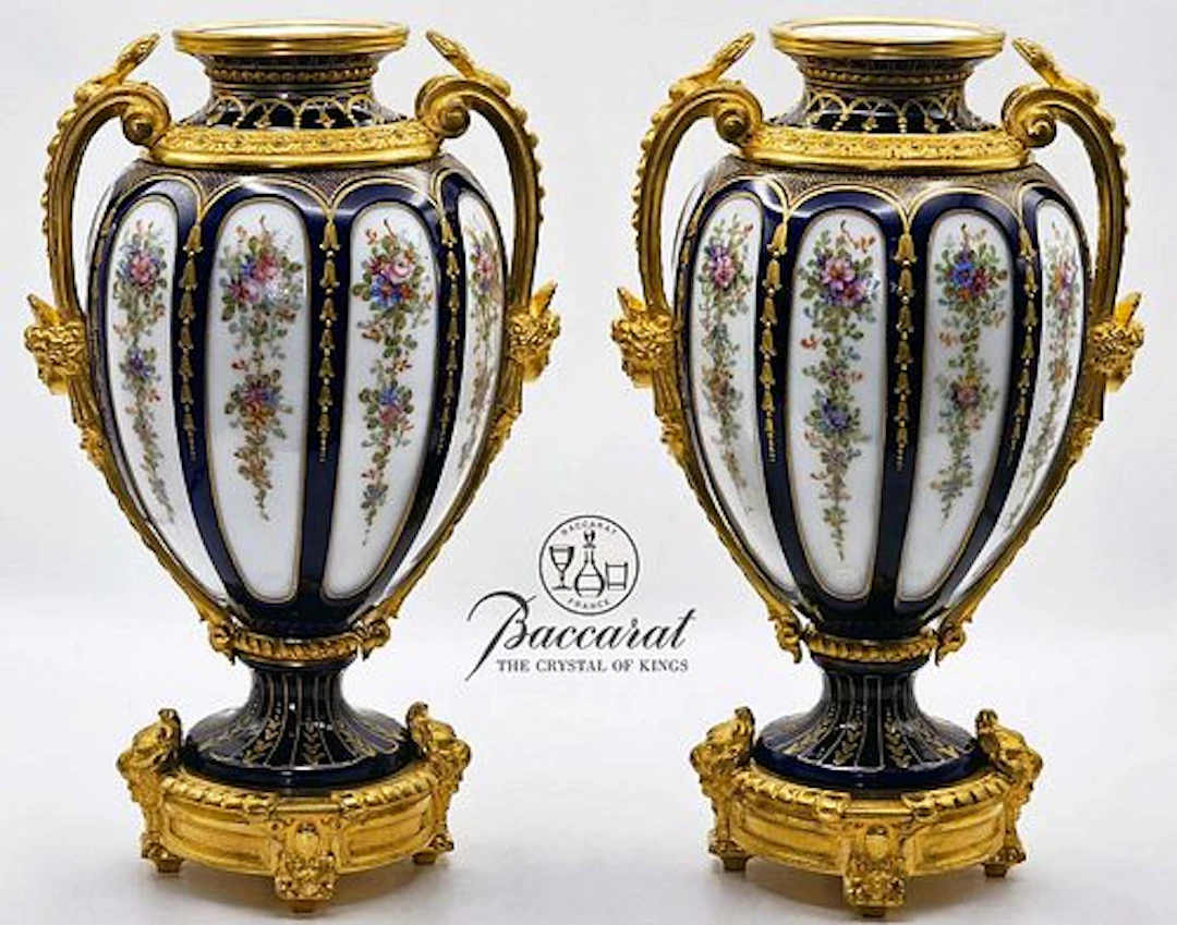 Pair Of 19th Century Baccarat Opaline Figural Bronze Mounted Vases