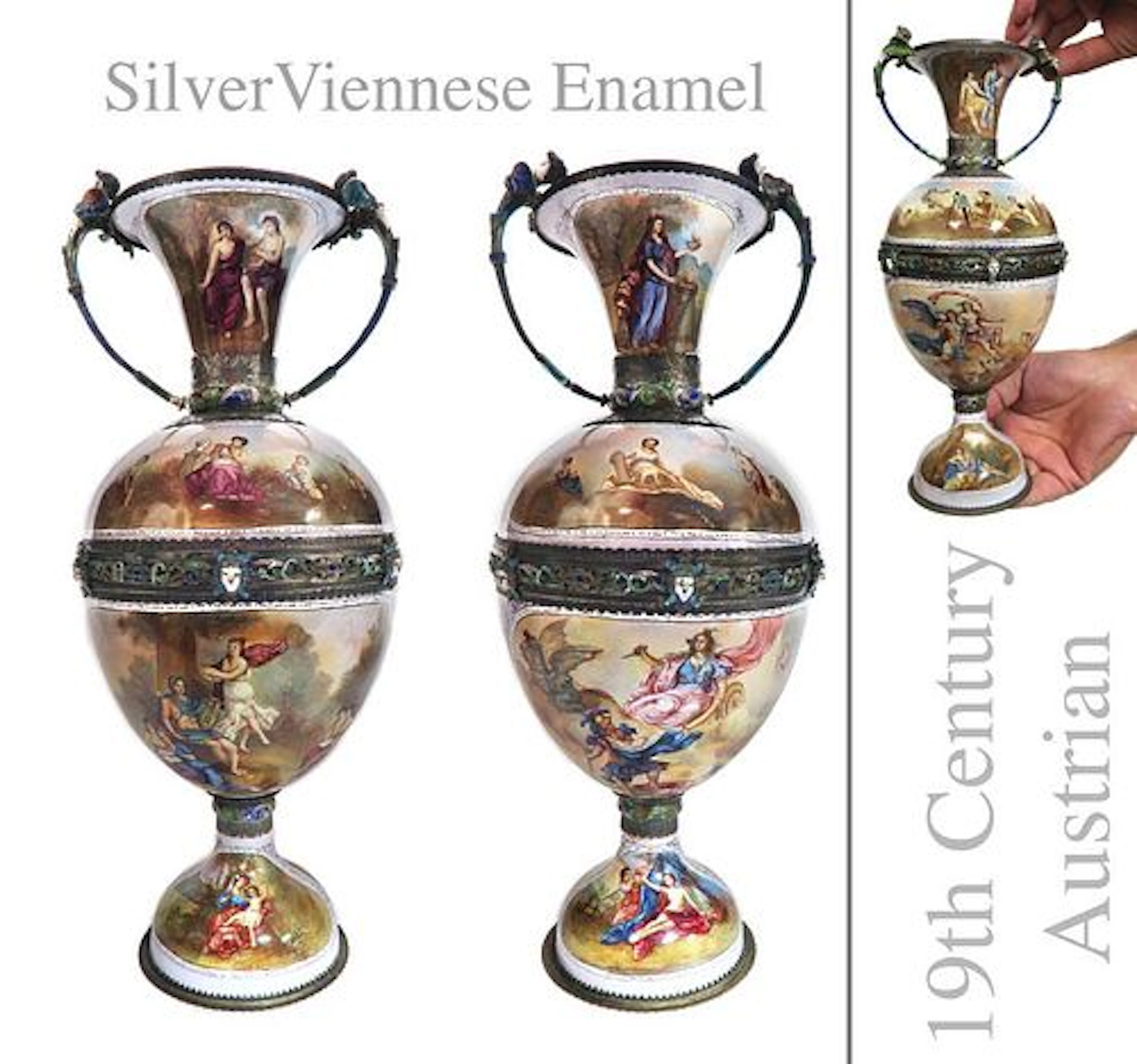 Exquisite Large Pair of Viennese Enamel Silver Vases