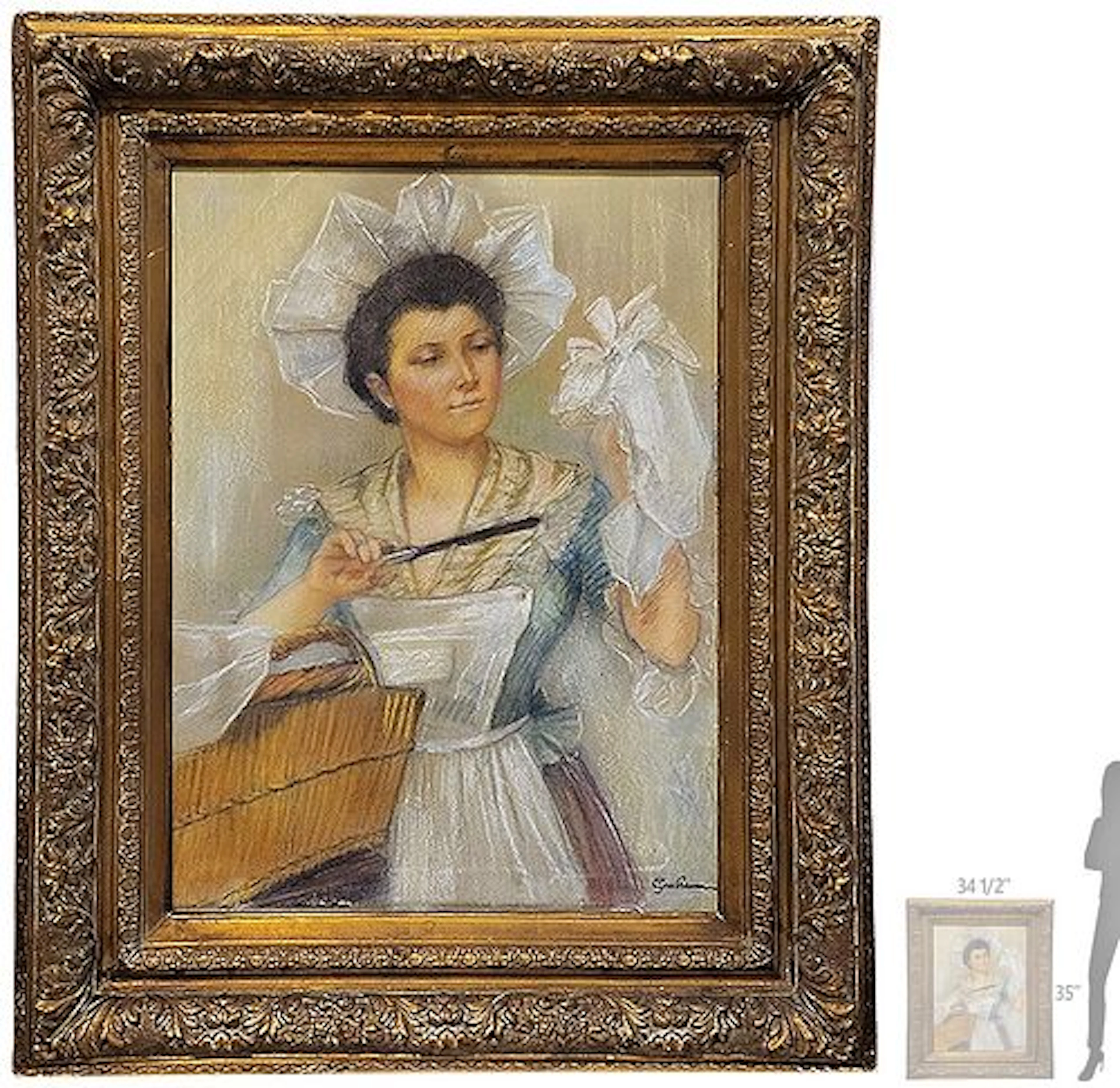 Large Late 19th C. Hostel On Canvas Of A Victorian Sewing Woman Cutting