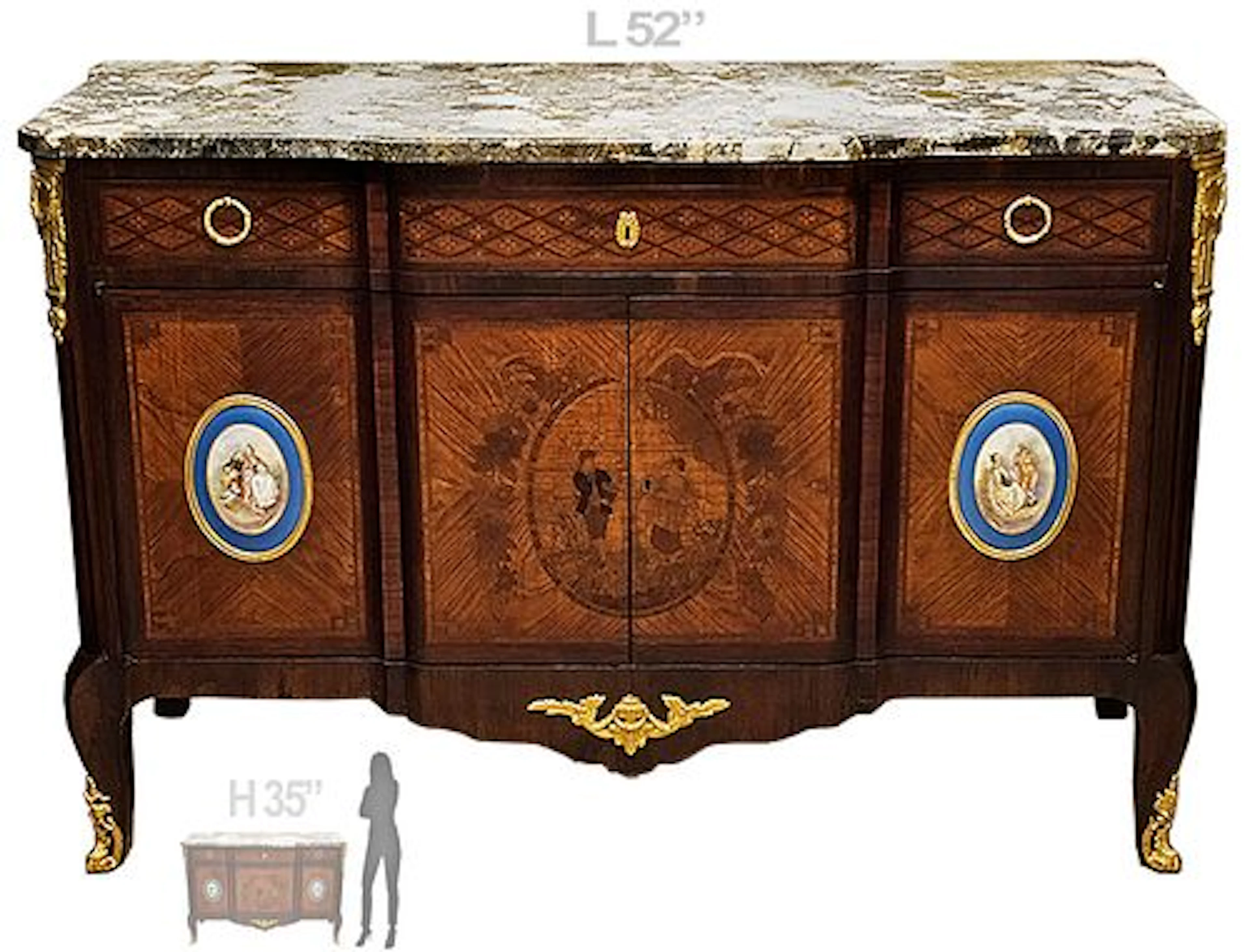 19th C. French Inlaid Sevres Bronze Mounted Cabinet, Signed Porcelain