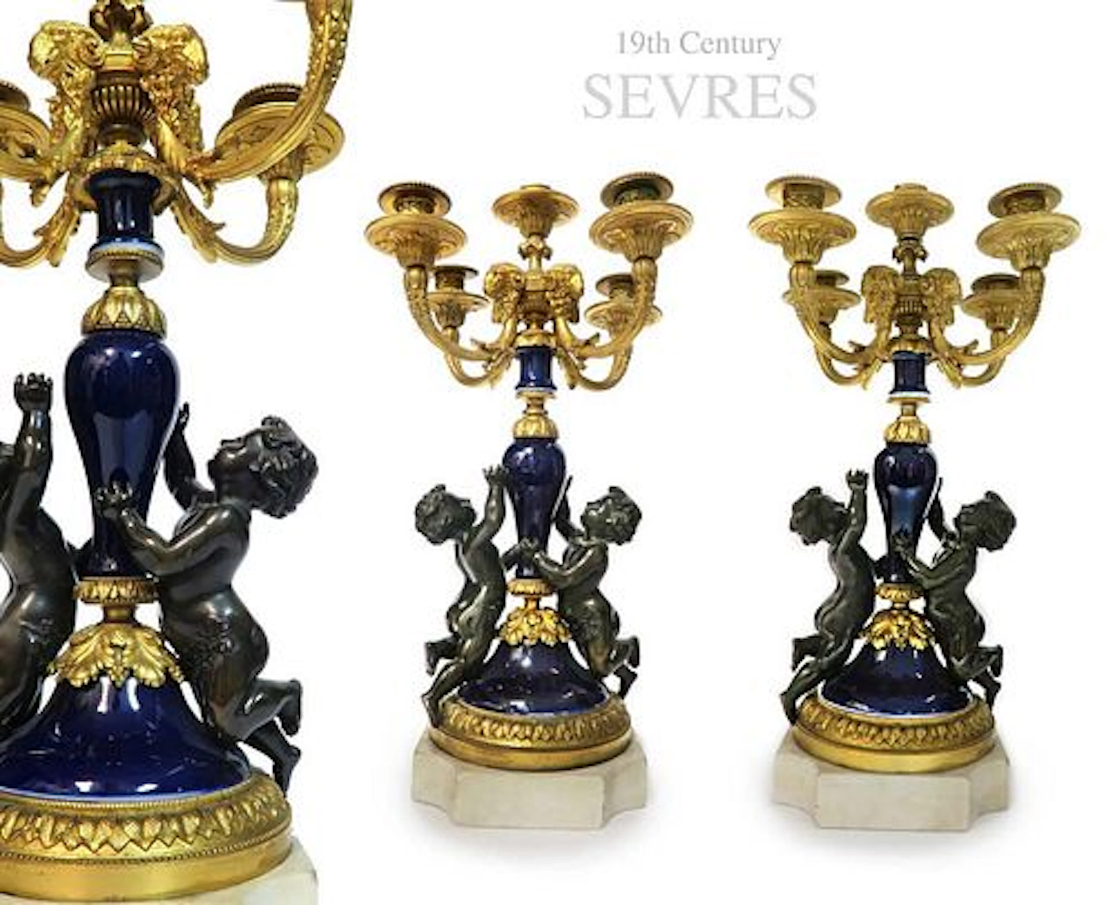 19th C. Pair of Cobalt Blue Sevres Gilt Bronze Figural Candelabras
