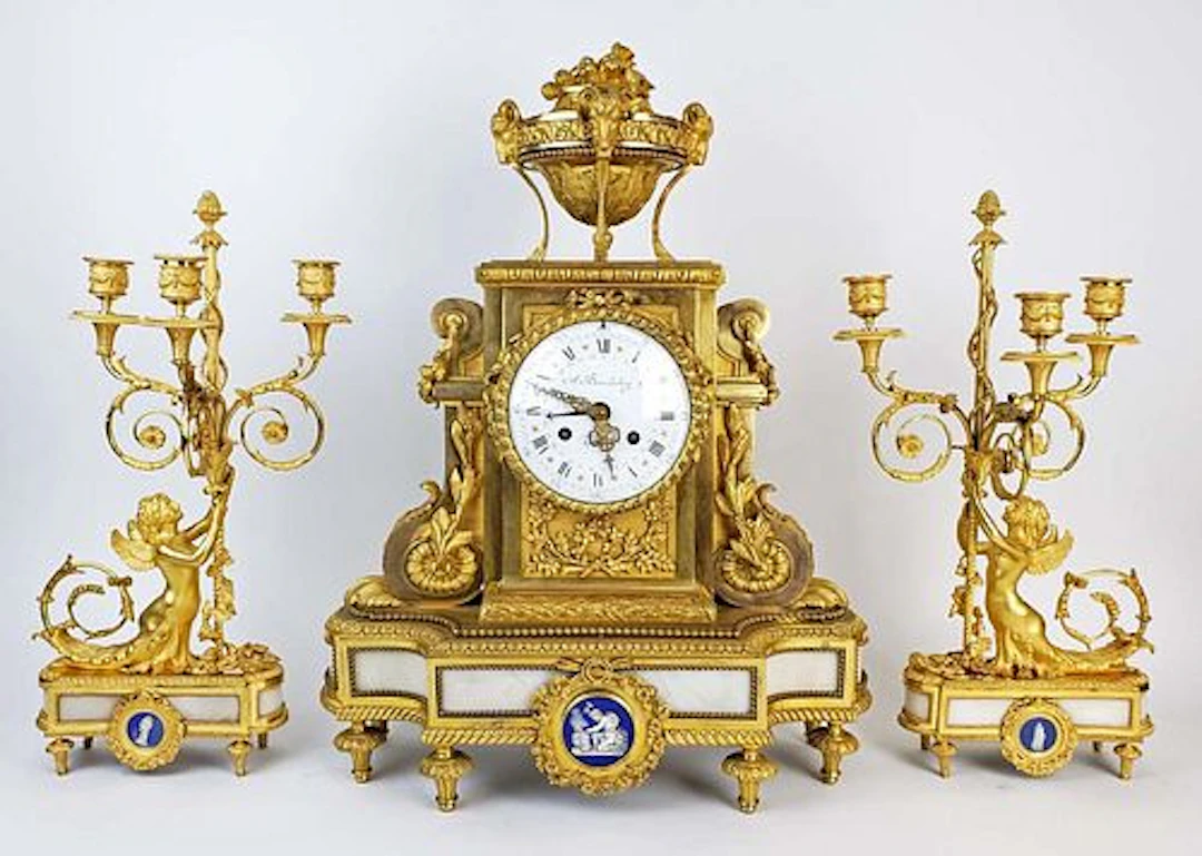 19th C. Beurdeley 3 Pc. Gilt Bronze Mounted Marble Clockset w/ Wedgewood