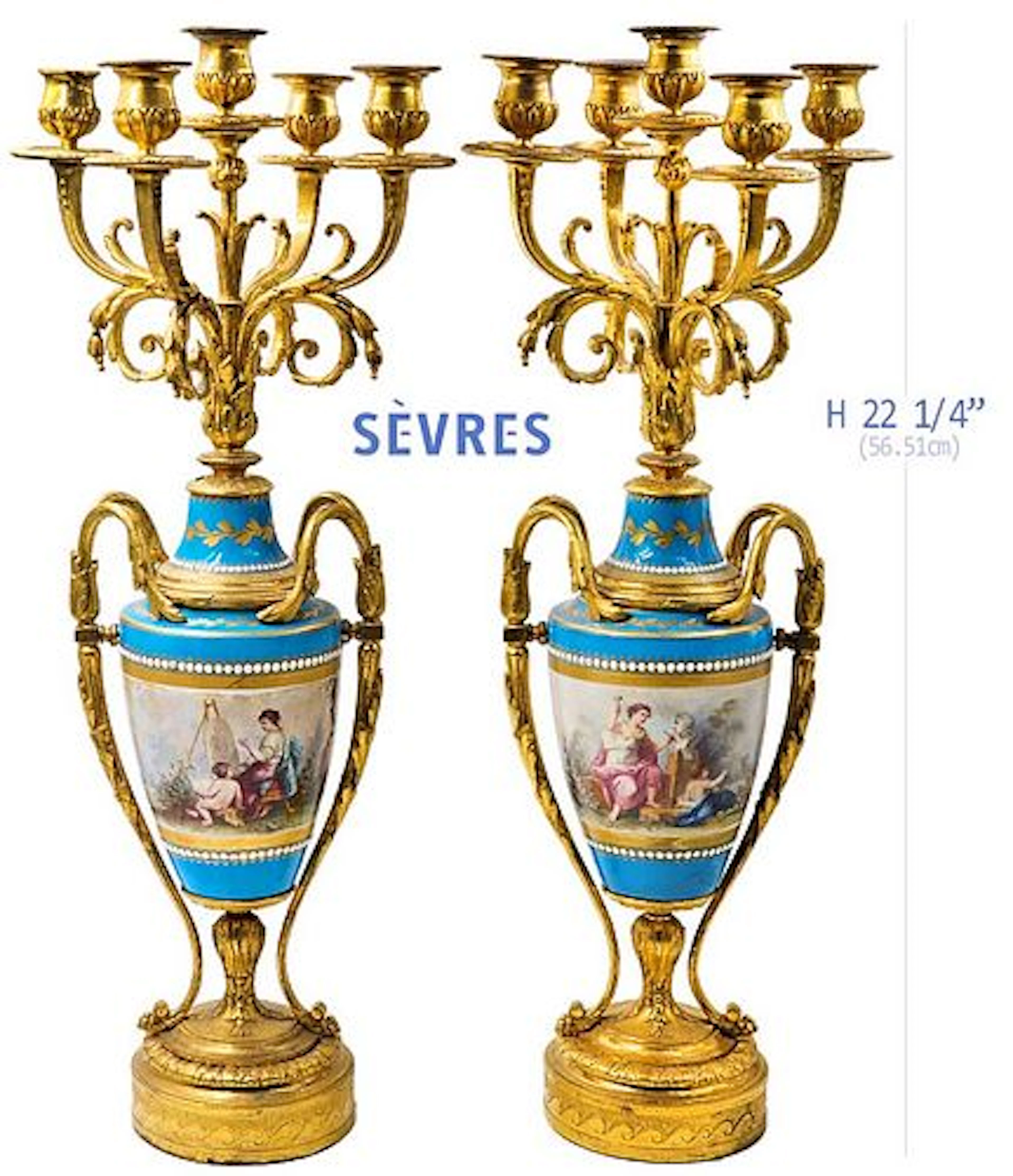 Pair Of 19th C. French Sevres Porcelain Bronze With Jeweled Enamel Candelabras