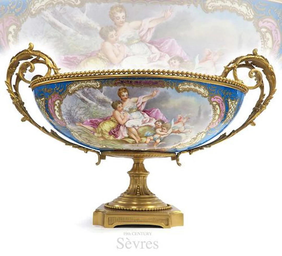 Large 19th C. French Sevres Porcelain Gilt Bronze Centerpiece Bowl