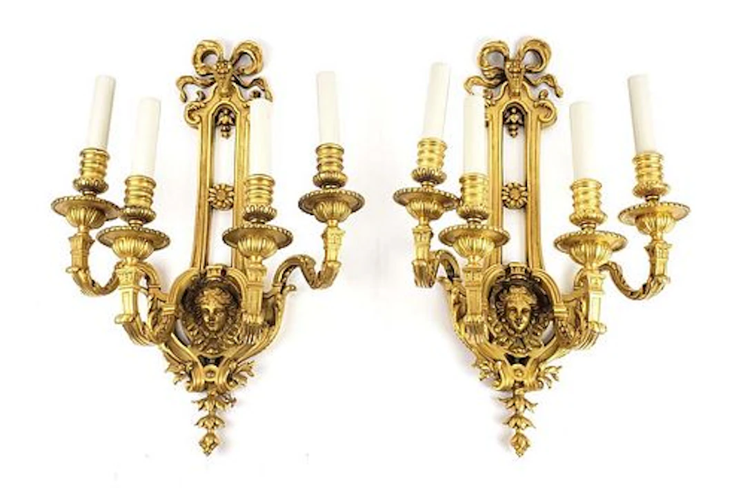 Pair of 19th C. French Gilt Bronze Figural Wall Sconces