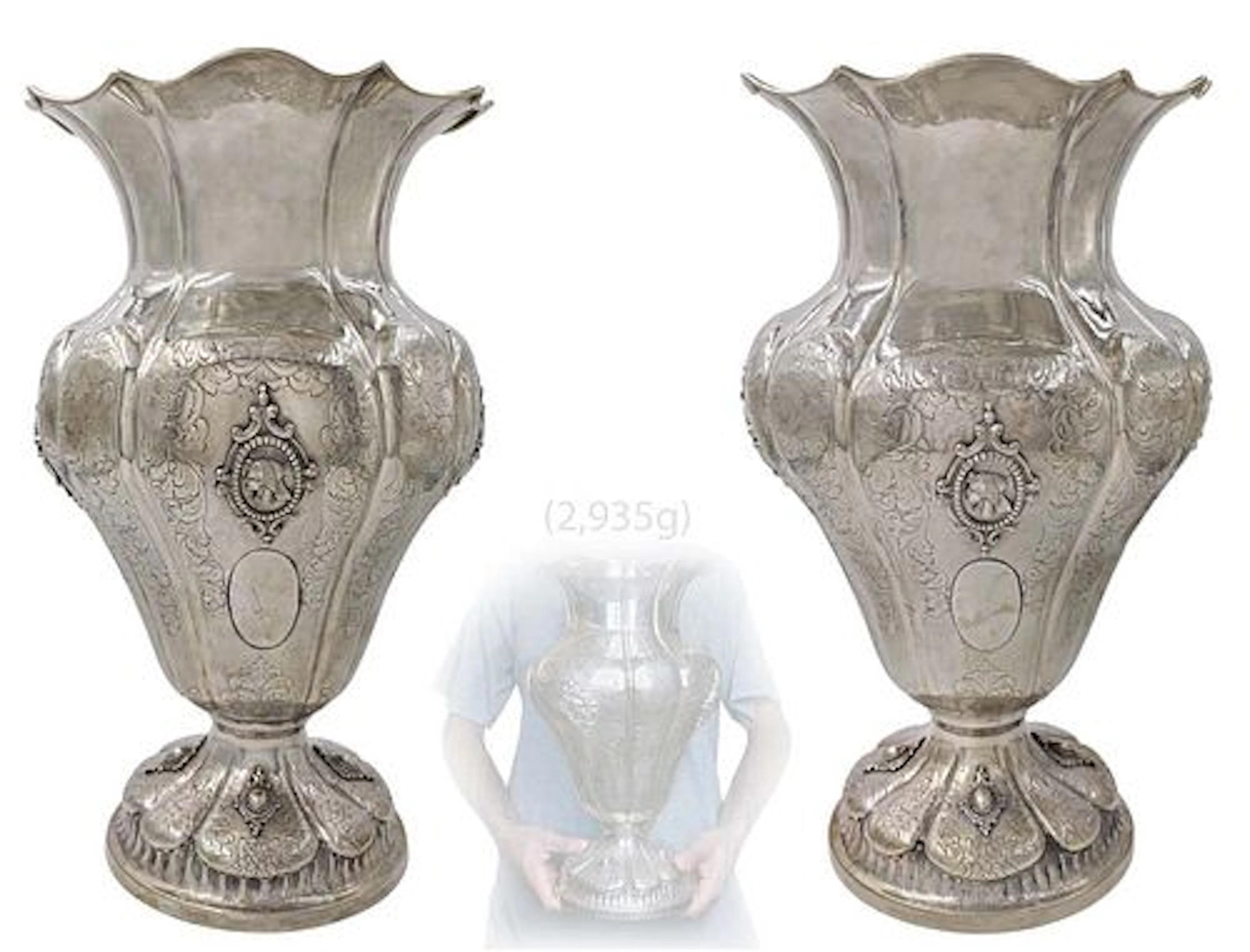 Continental Pair Of Large 19th C. Figurine Sterling Silver (2,935g) Urns