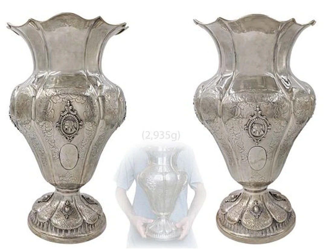 Continental Pair Of Large 19th C. Figurine Sterling Silver (2,935g) Urns