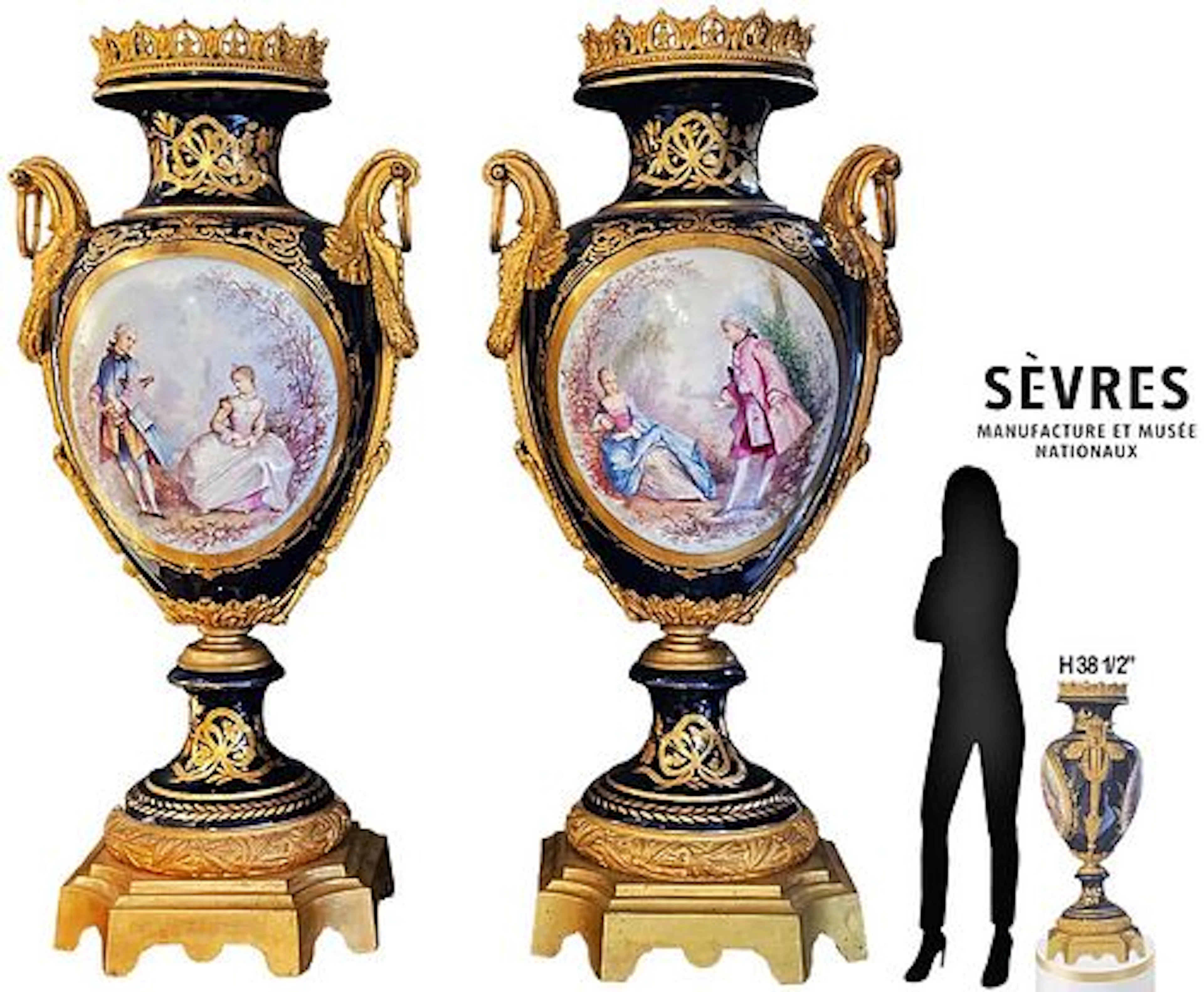 Large 19th C. Pair Of Sevres Porcelain Bronze Figural Mounted Vase