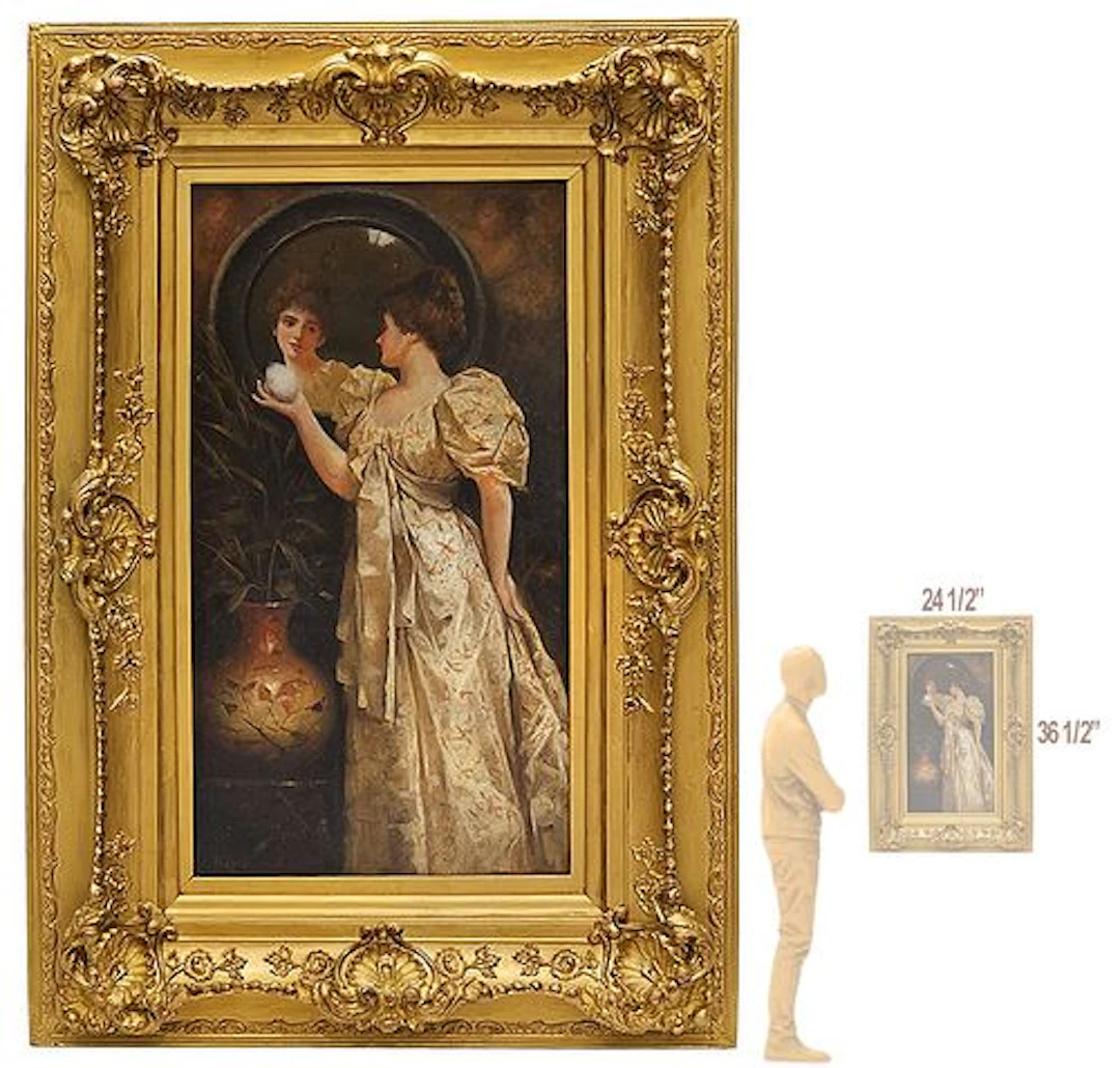 19th C. Oil On Canvas "Lady At Mirror" Painting, Signed