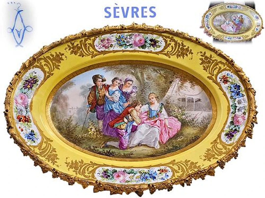 Large 19th C. Hand Painted Sevres Bronze Mounted Tray