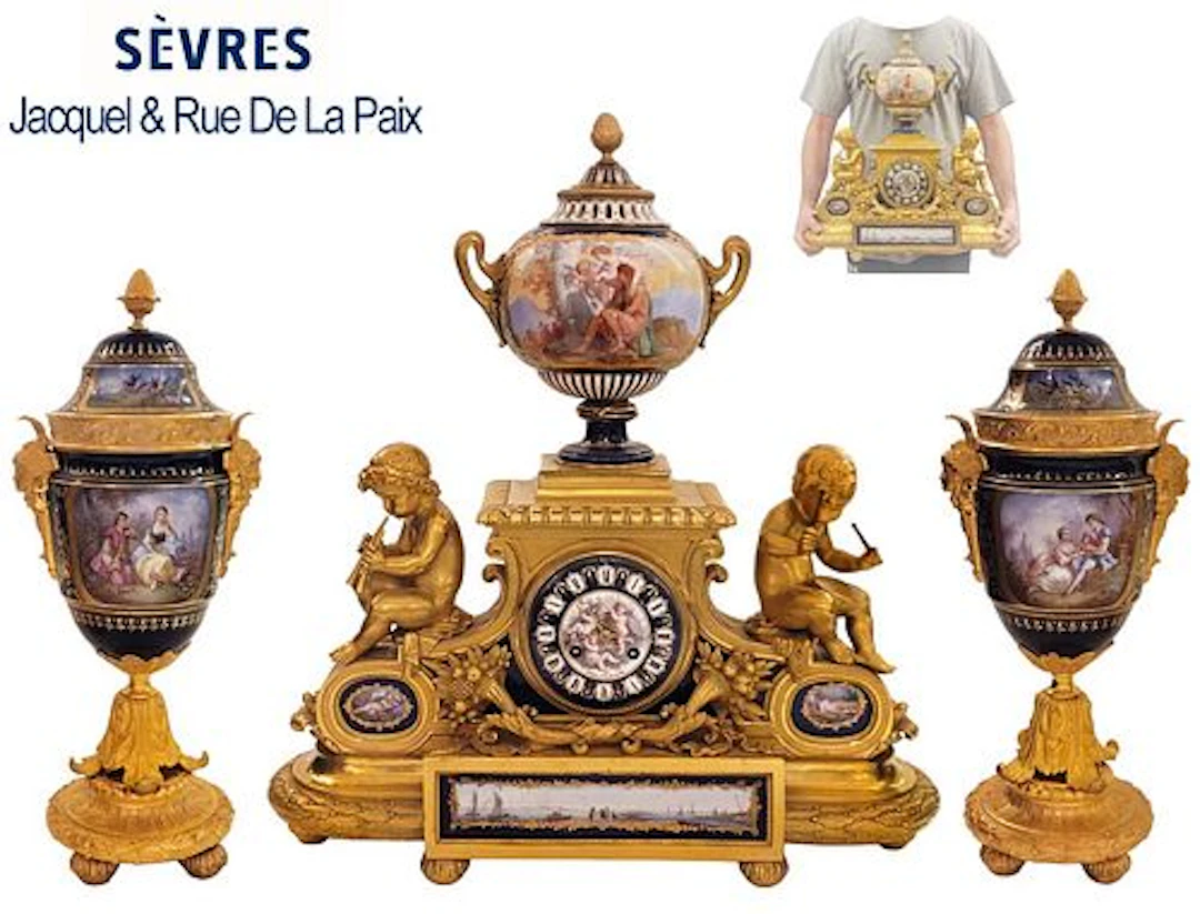Large 19th C. Figural Bronze Hand Painted Sevres Porcelain Clockset
