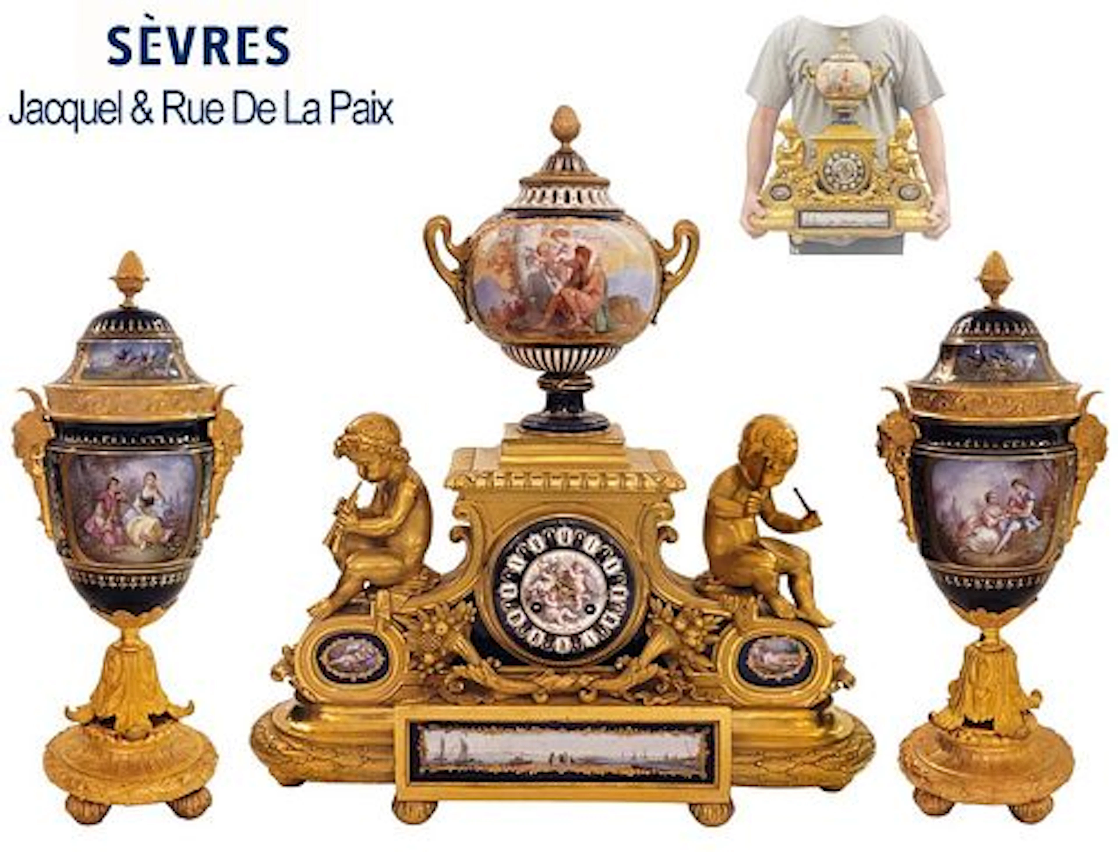Large 19th C. Figural Bronze Hand Painted Sevres Porcelain Clockset