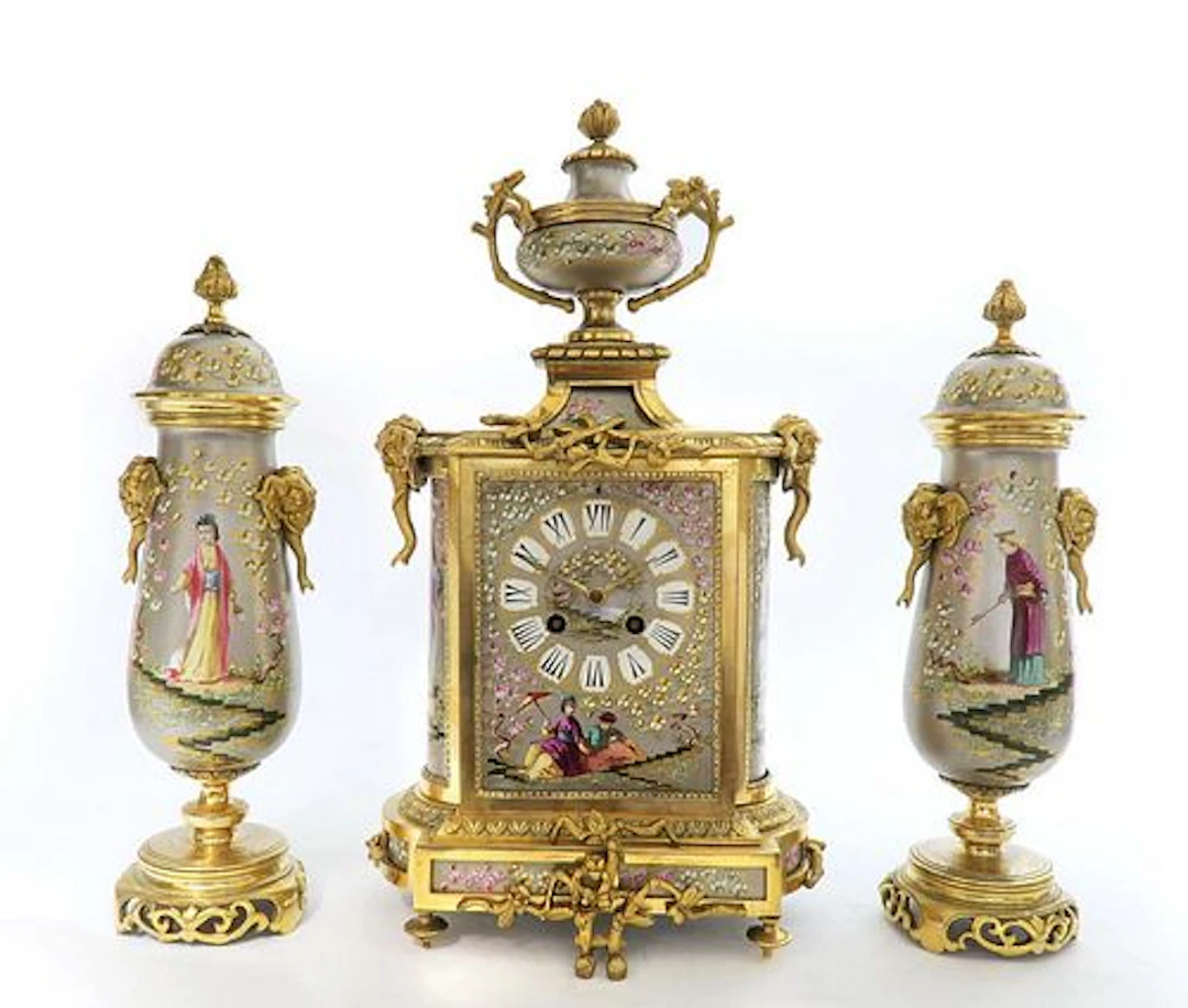 19th C. French Chinoiserie Bronze & Porcelain Clock Set