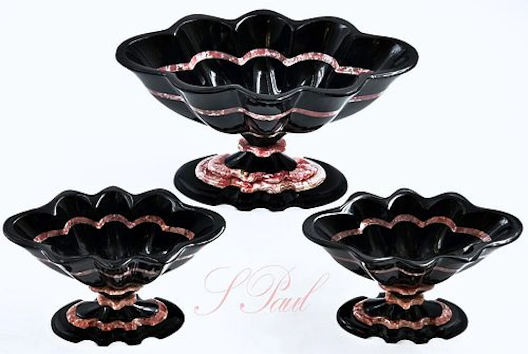 Set Of Three Black Onyx & Rhodochrosite Centerpieces