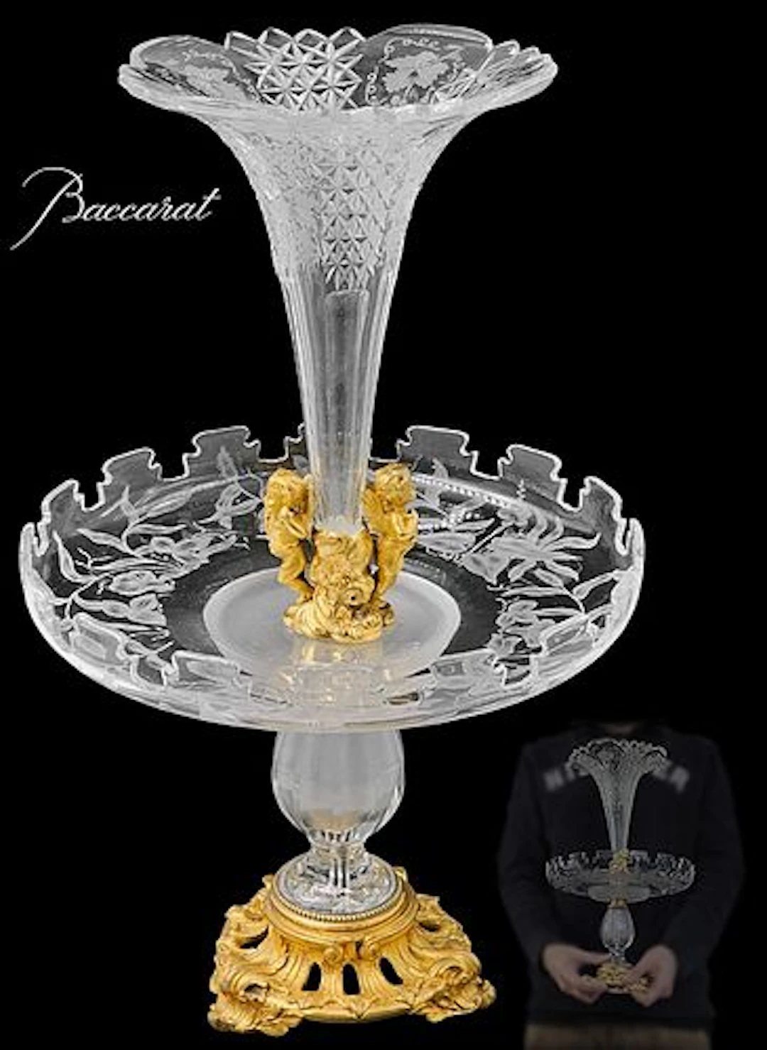 19th C. French Figural Bronze Mounted Baccarat Top Crystal Centerpiece