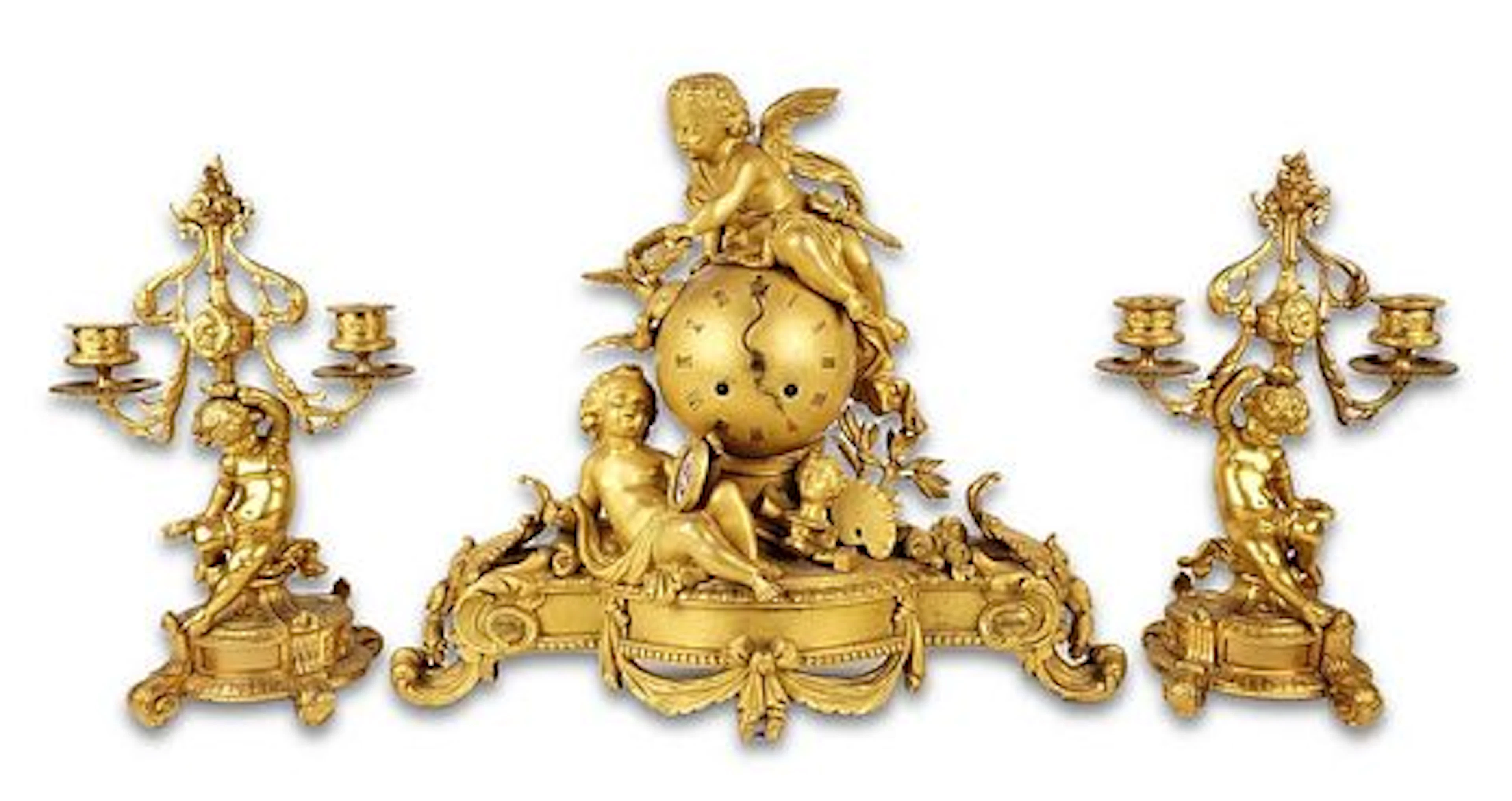 19th C. Magnificent French Gilt Bronze Figural Clockset