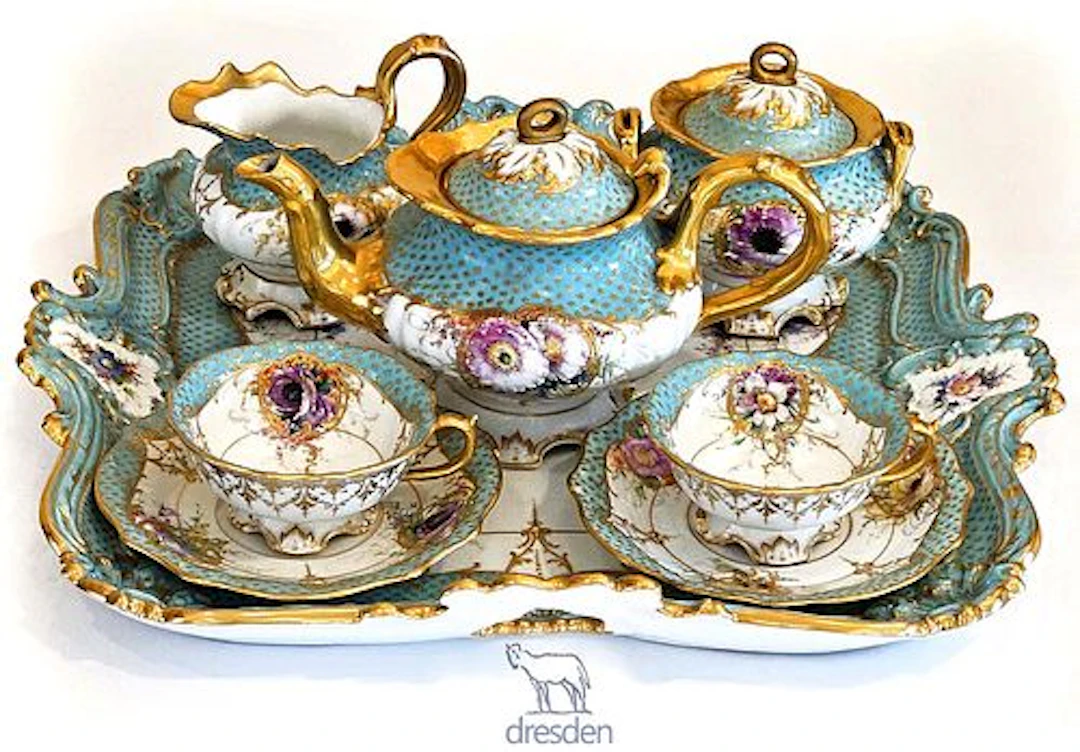 Set Of Eight Piece 19th C. Hand Painted Dresden Lamb Tea Set