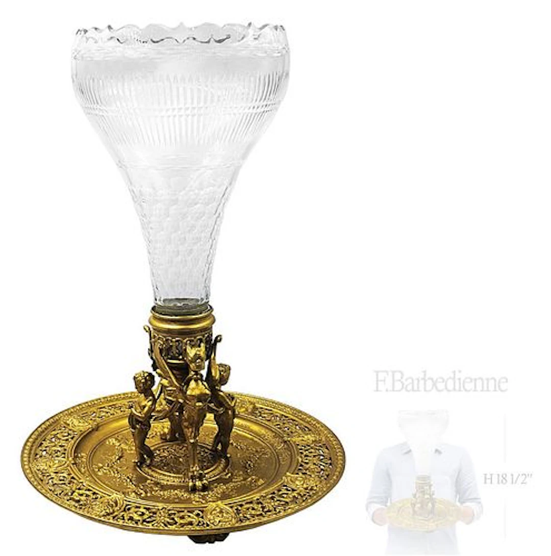 19th C. Fernando Barbedienne Figural Bronze Crystal Mounted Vase \ Centerpiece