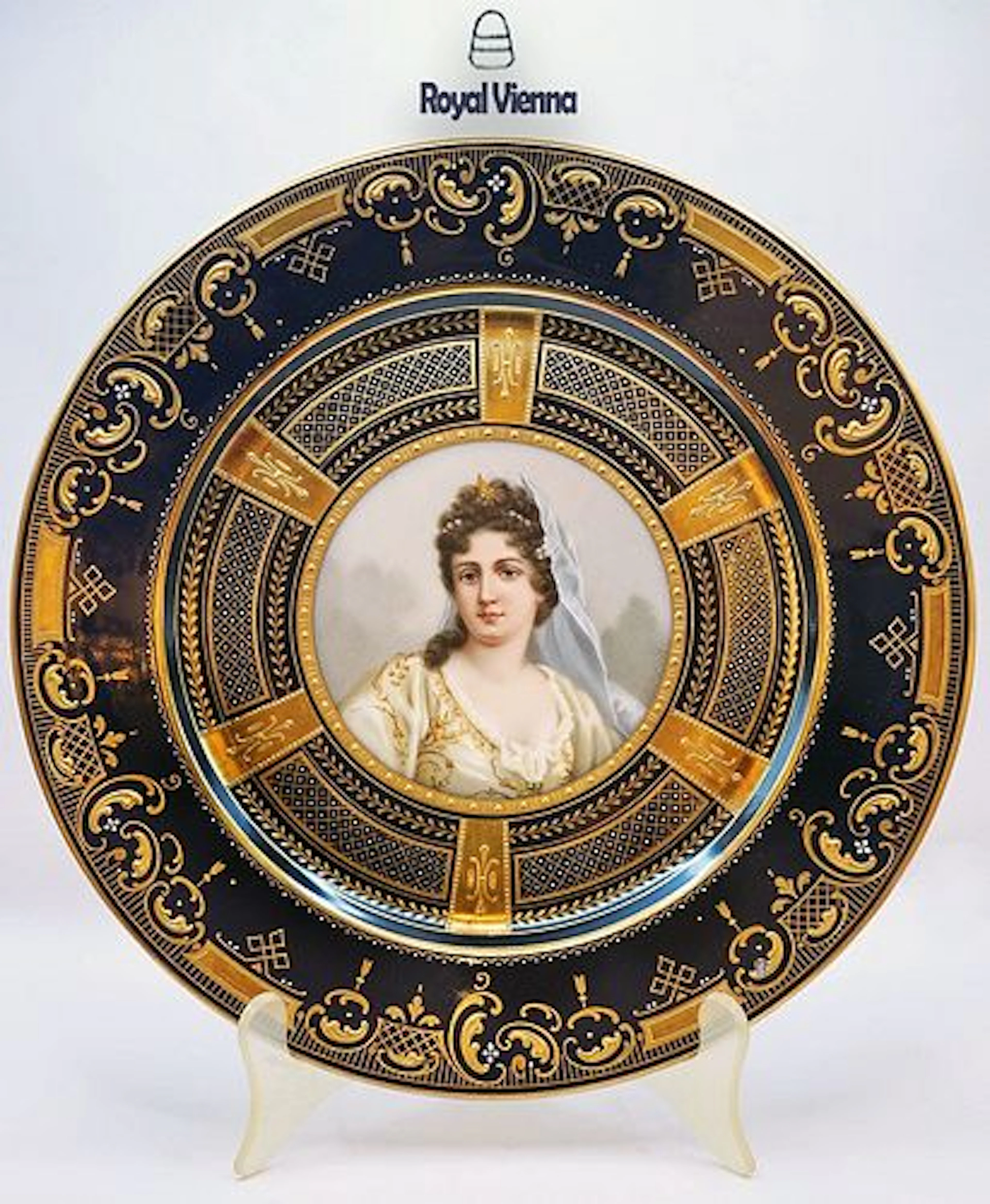 19th C. Royal Vienna Jeweled Hand Painted Portrait Plate, Signed