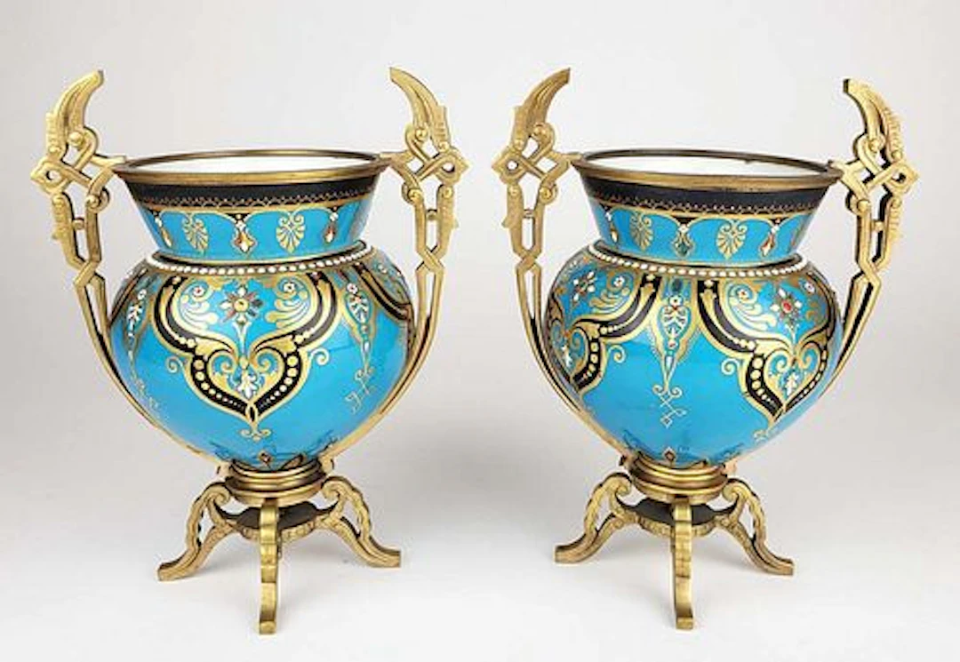 Pair of 19th C. French Jewelled Bronze Mounted Vases
