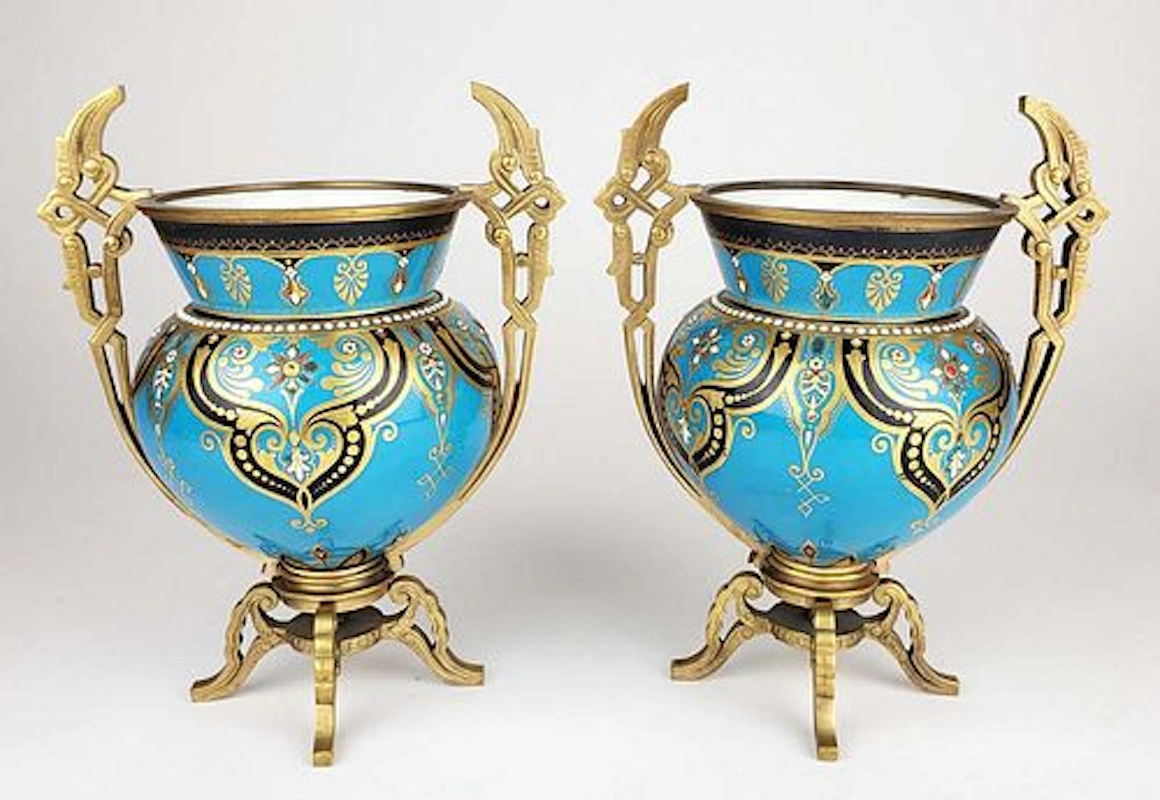 Pair of 19th C. French Jewelled Bronze Mounted Vases