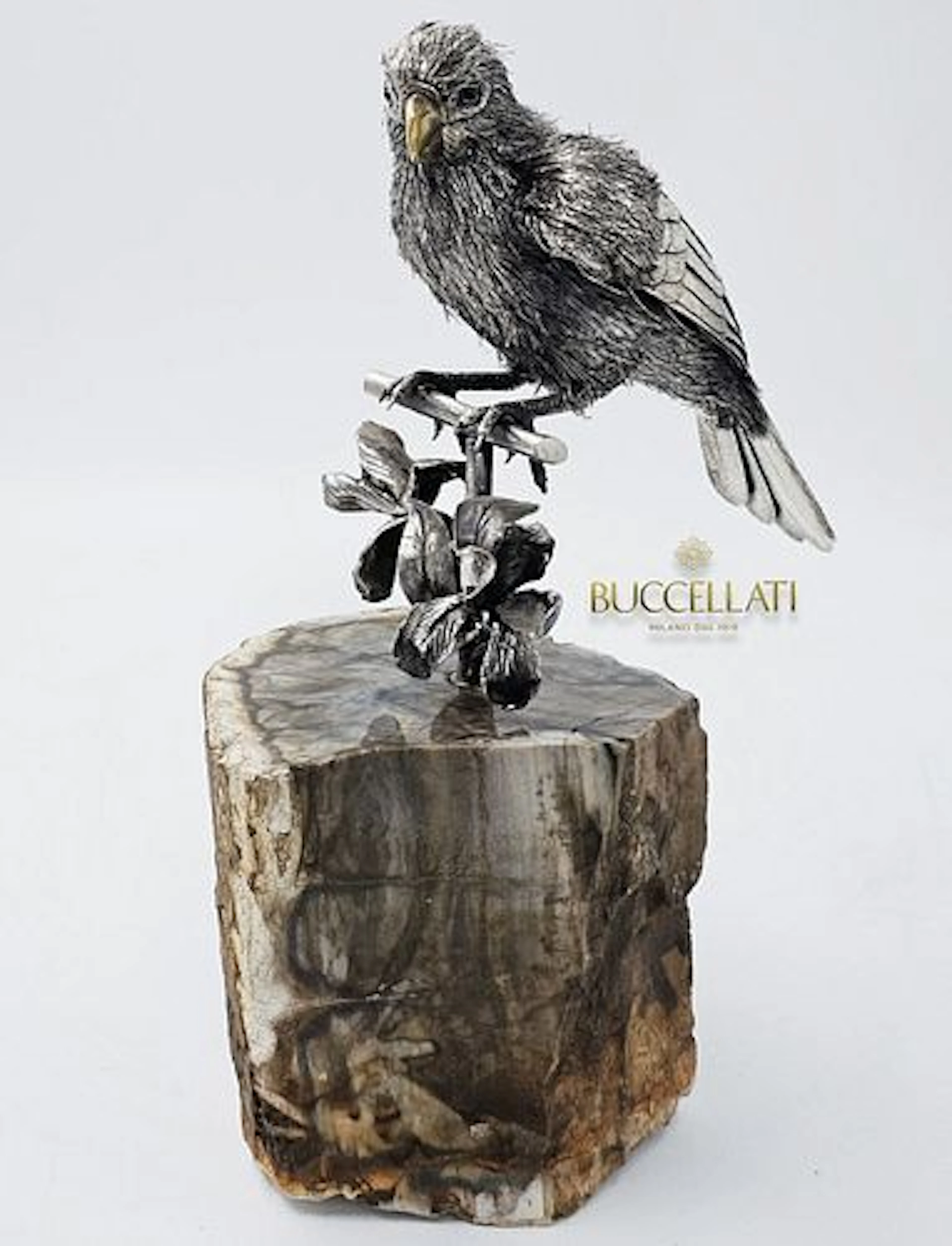 M. Buccellati Silver Furry Bird Sitting On A Branch With Hand Carved