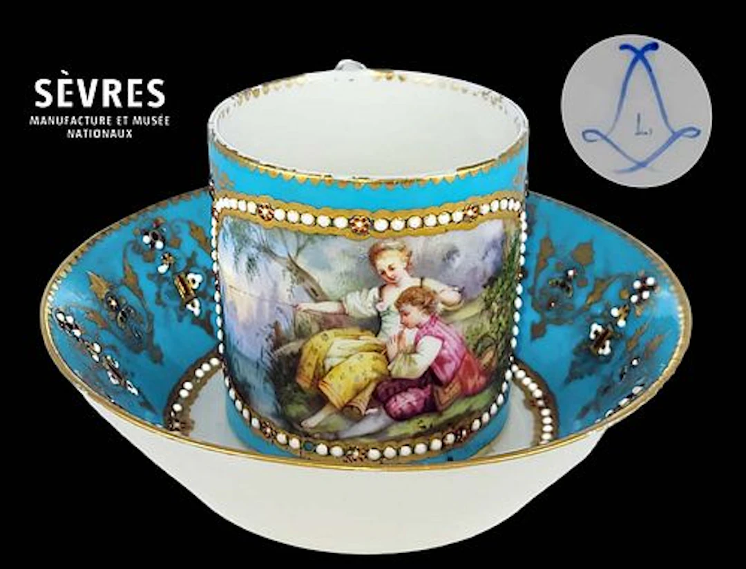 19th C. Jeweled Large Sevres Cup & Saucer