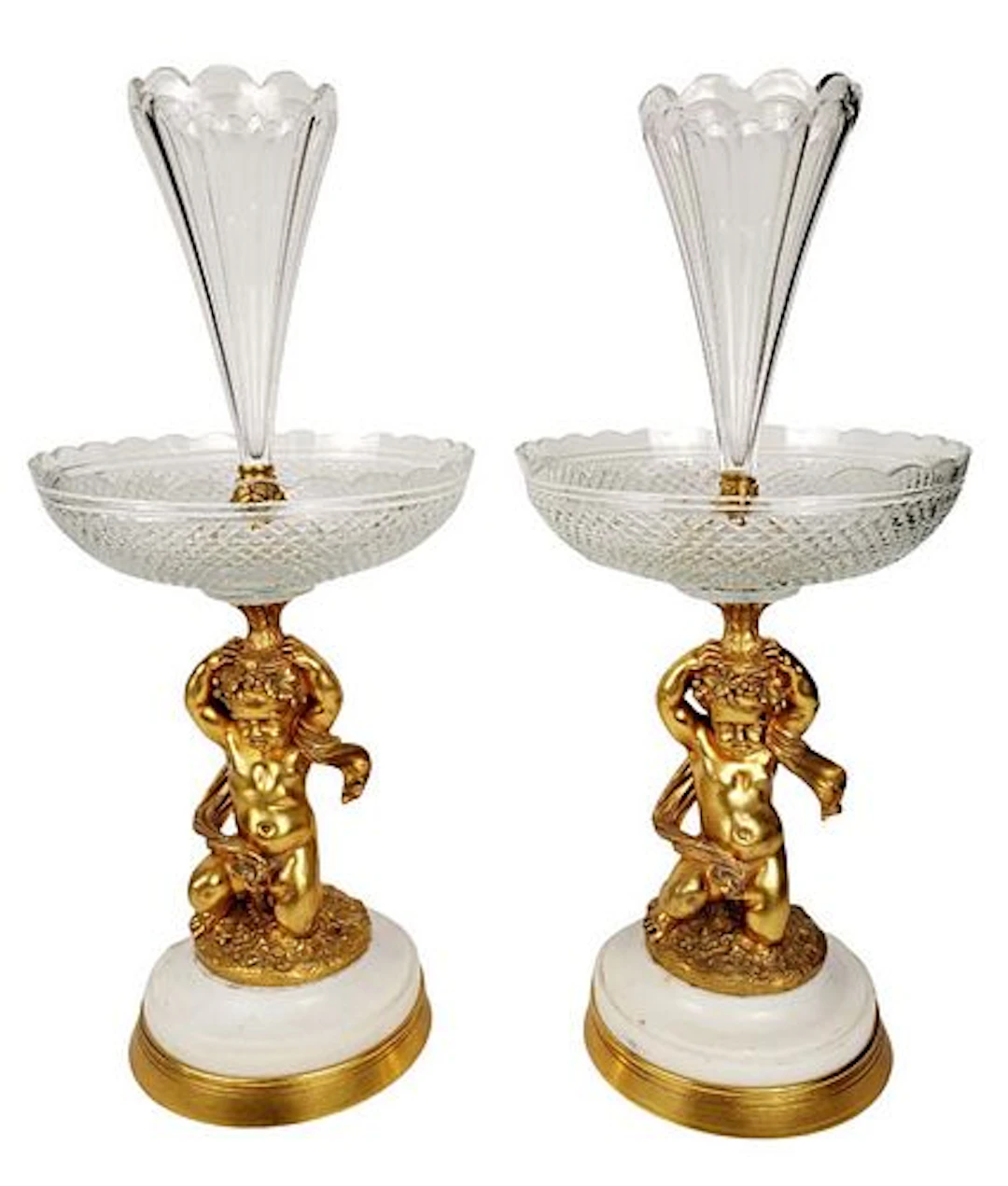 Pair of Large 19th C. Bronze, Marble, & Crystal Figural Centerpieces