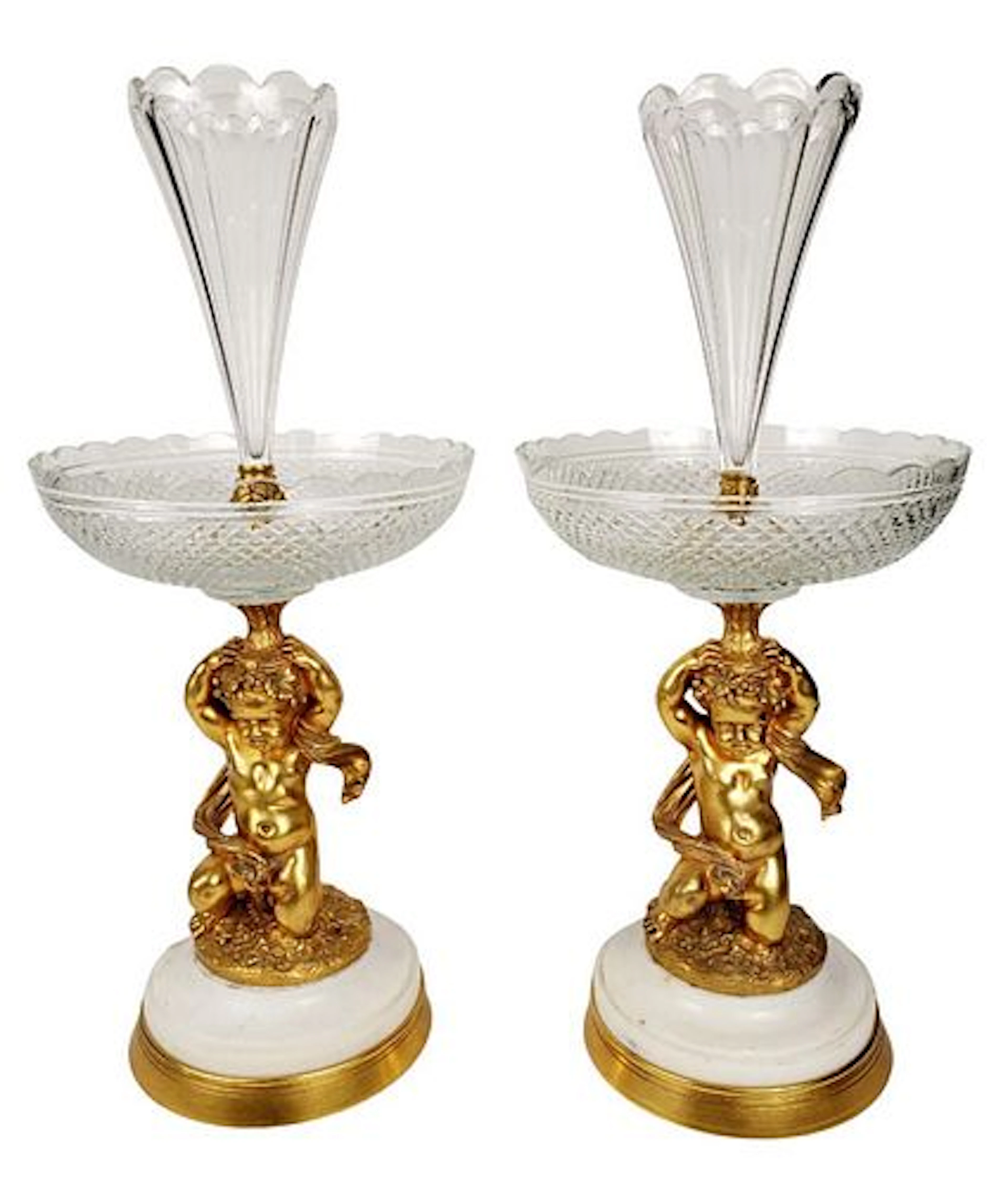 Pair of Large 19th C. Bronze, Marble, & Crystal Figural Centerpieces