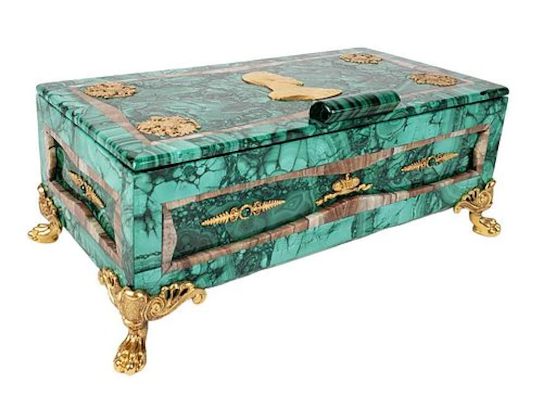 Magnificent Russian Malachite & Bronze Jewelry Box, 19th C.