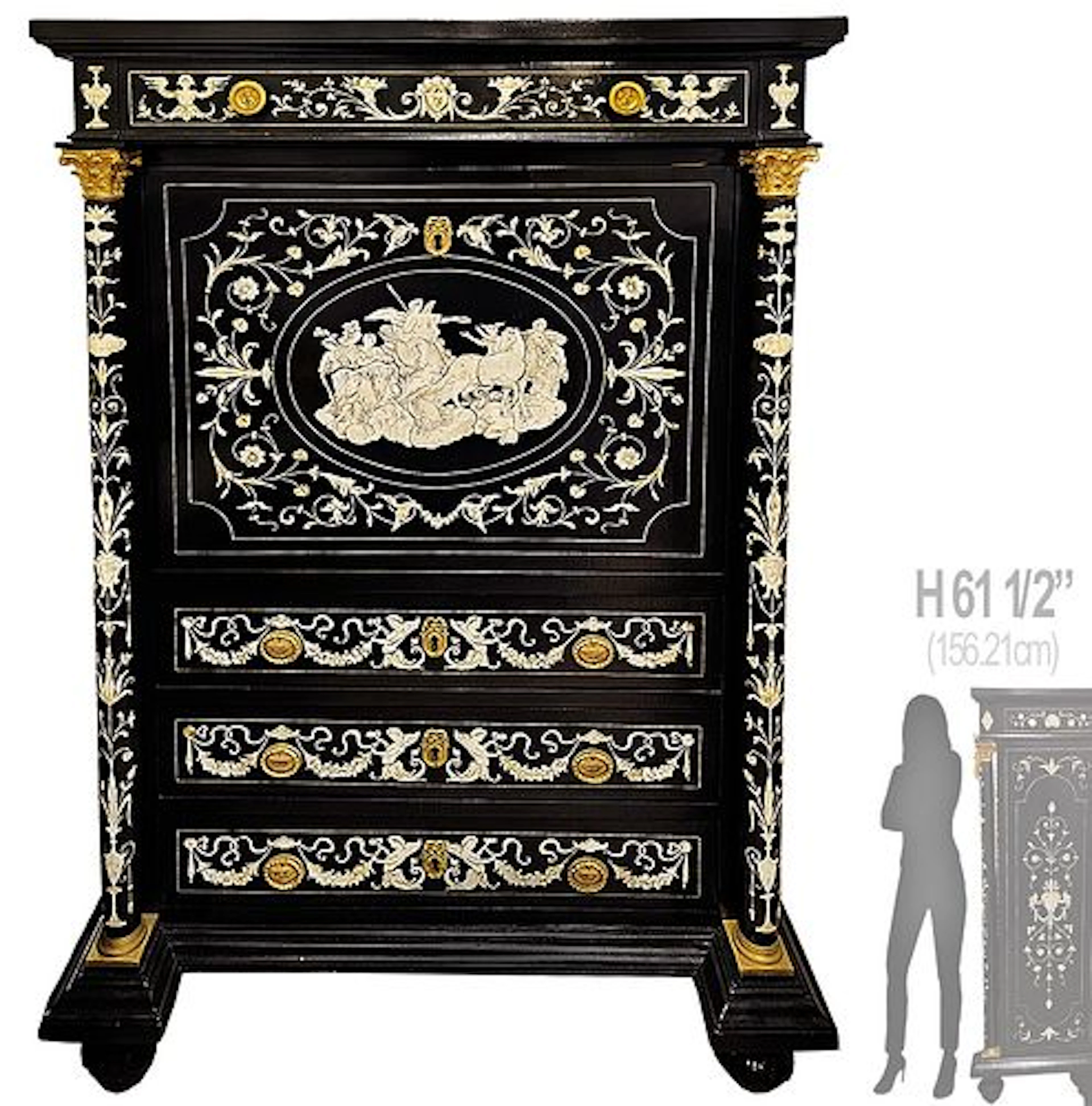 19th C. Continental Ebonized Bronze Mounted Inlaid Cabinet