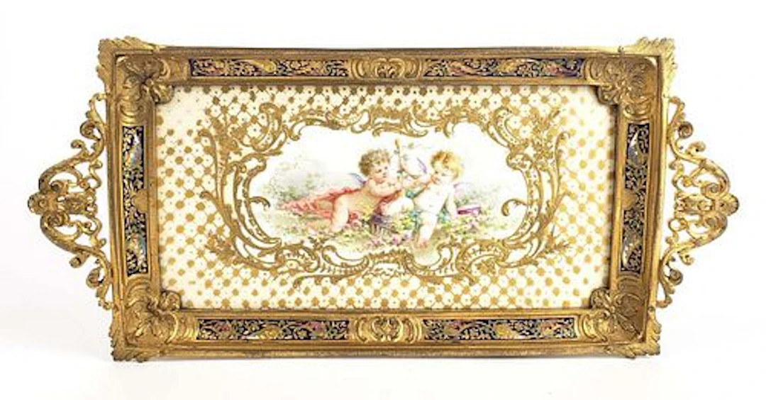 19th C. French Champleve Enamel & Gilt Bronze Tray